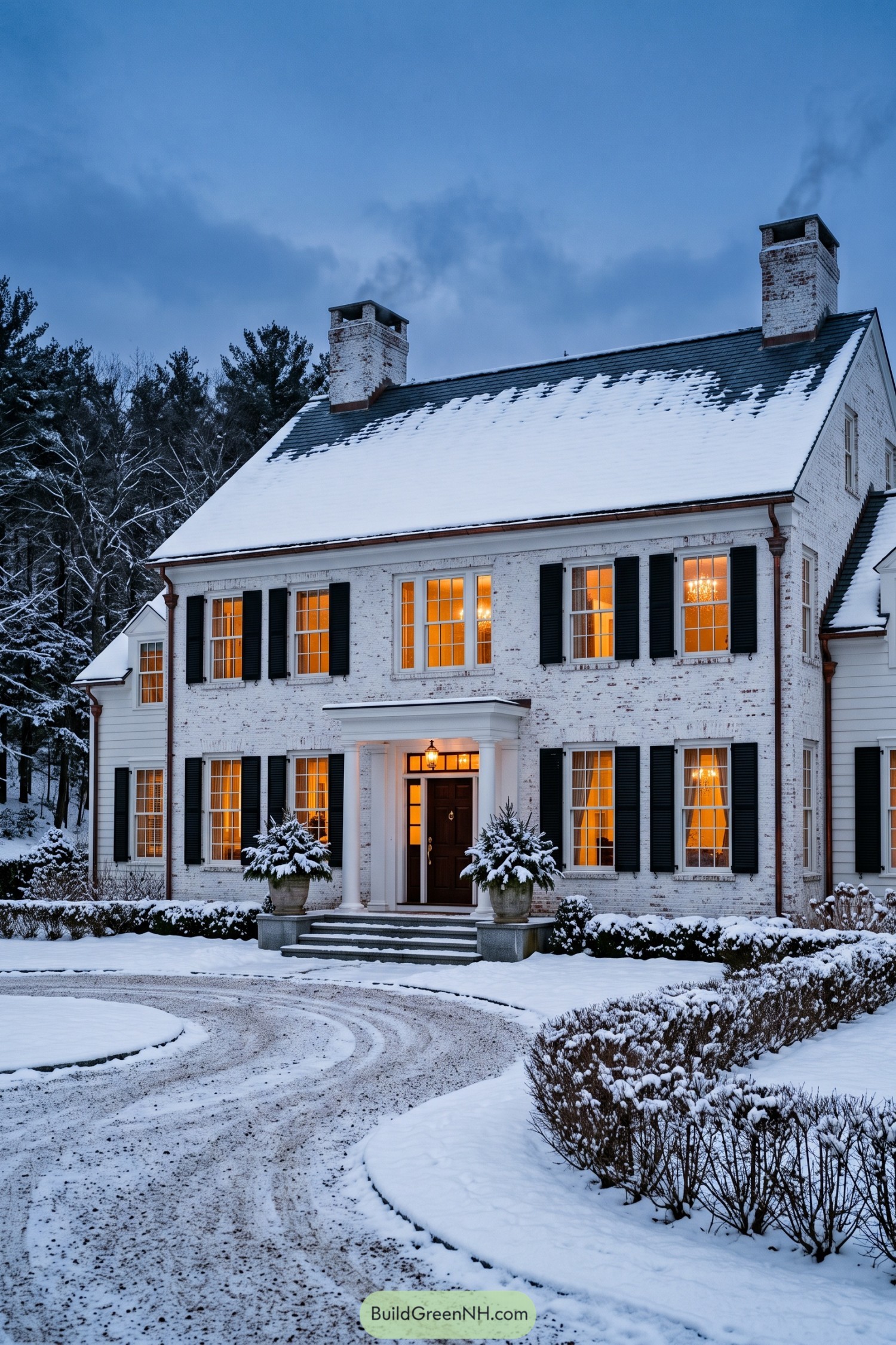 White brick Georgian home with black shutters in snow