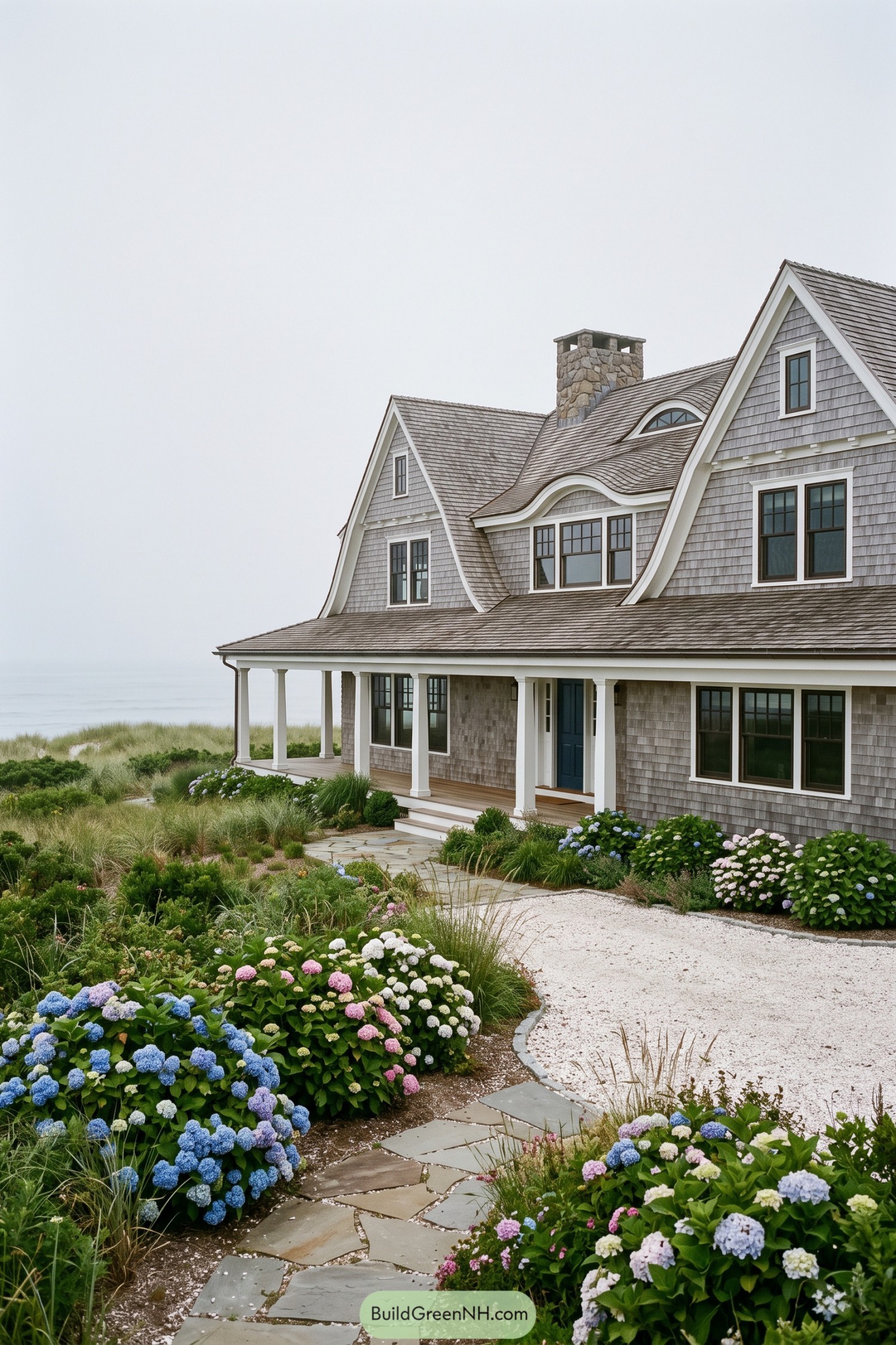 Gray shingle coastal home with curved gables and hydrangeas