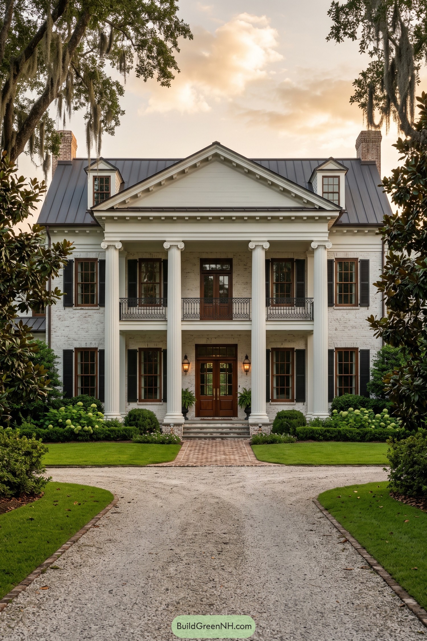 White brick Southern manor with tall Ionic columns and a metal roof