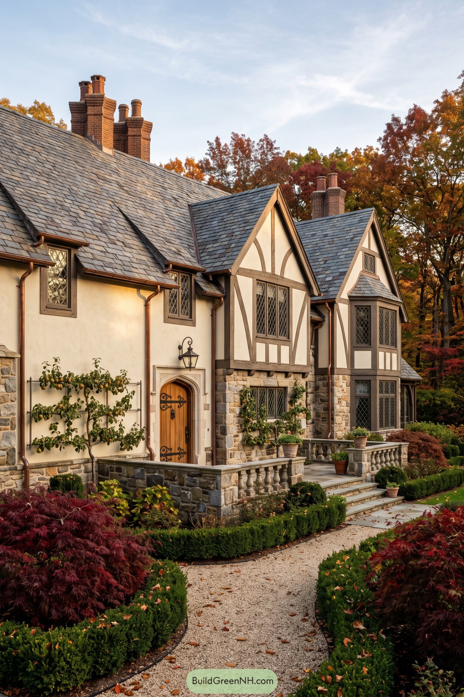 Tudor home with slate roof and stone entry