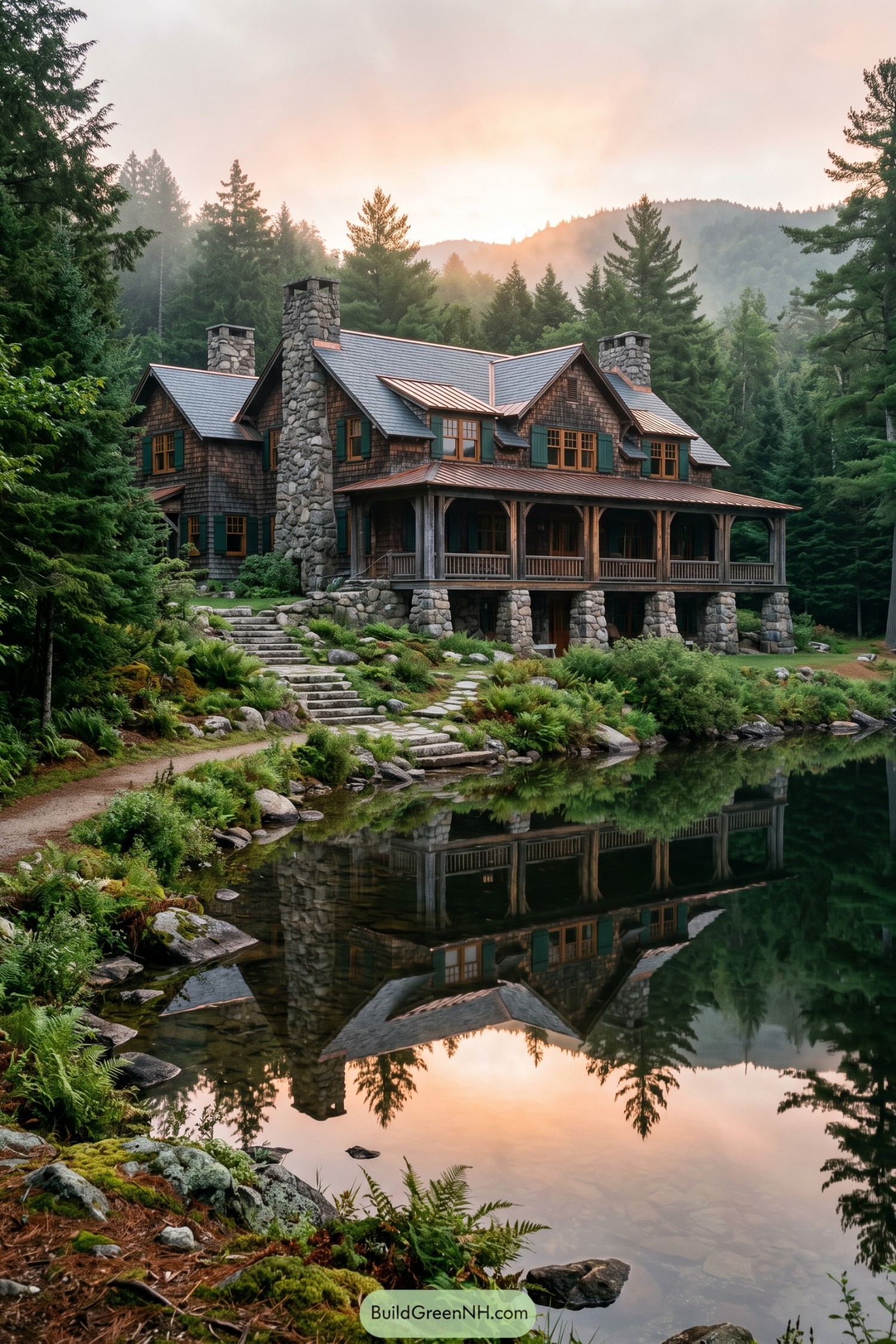 Shingled lodge with stone chimneys beside a pond