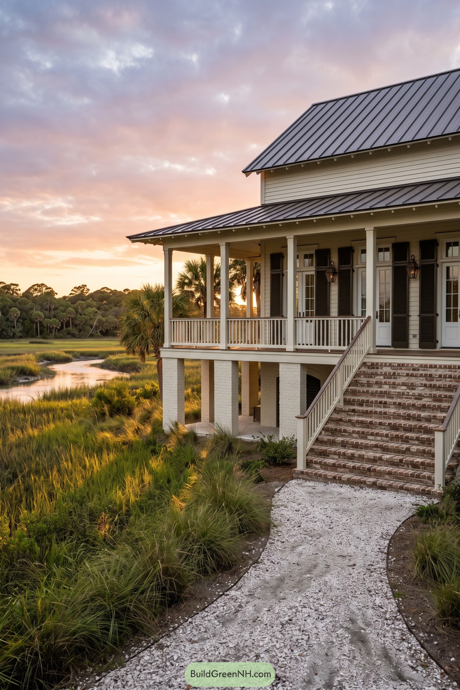 Raised coastal cottage with black shutters beside tidal marshland