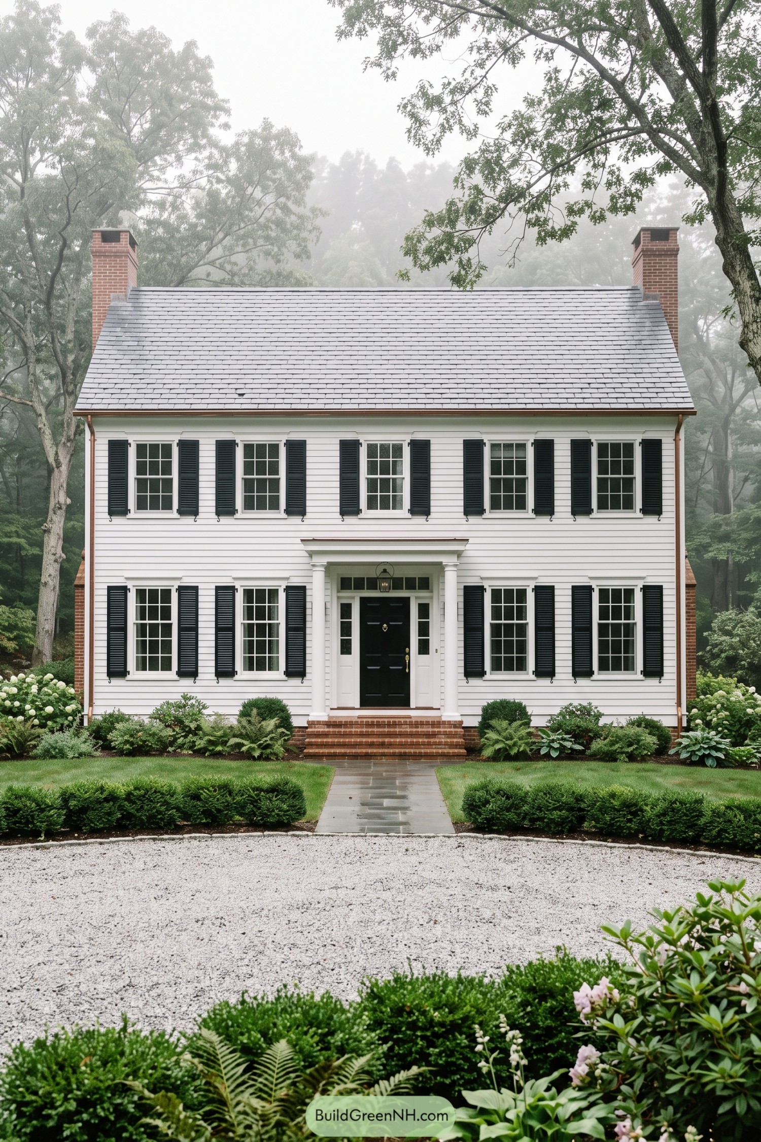 White two-story Colonial house with black shutters brick chimneys and formal hedges
