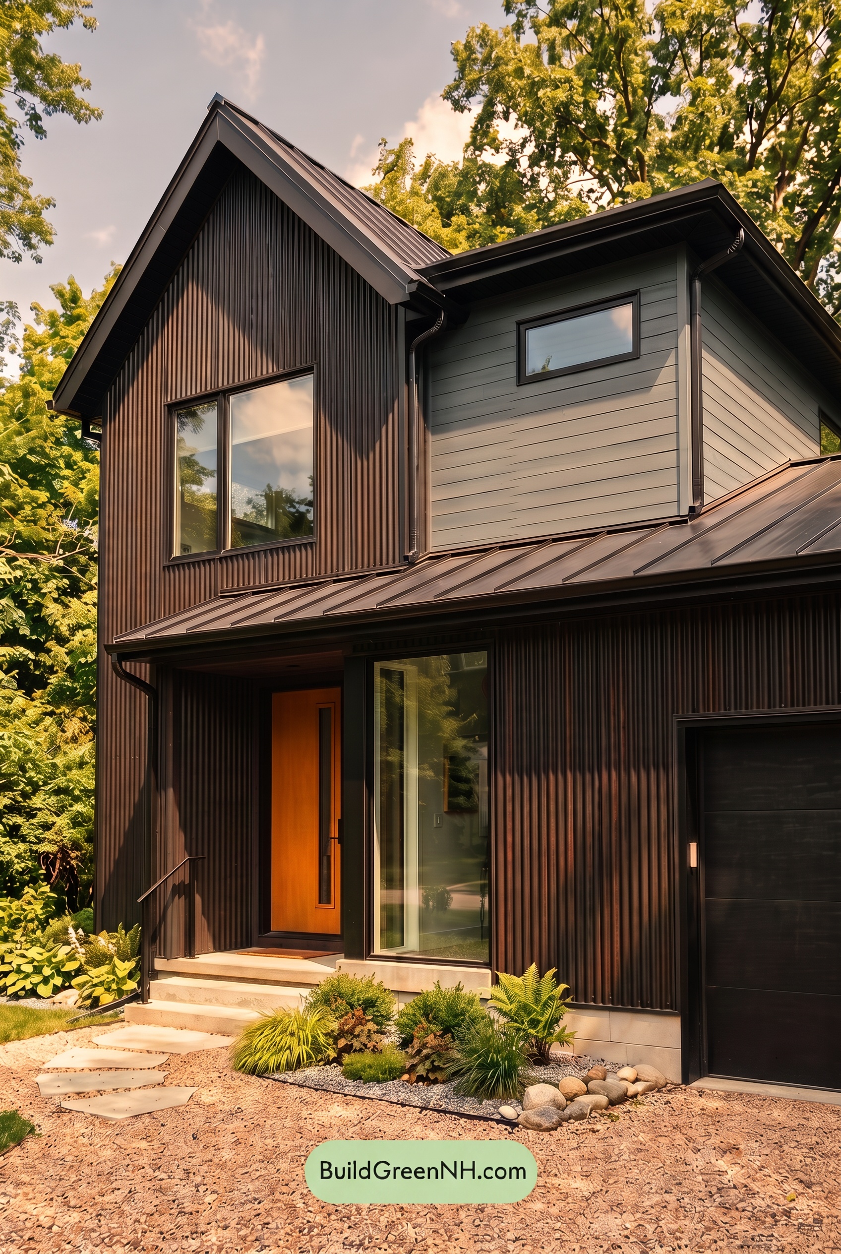 Modern Two-Tone Dark House Exterior Color Scheme: Azure Forge - Golden Hour