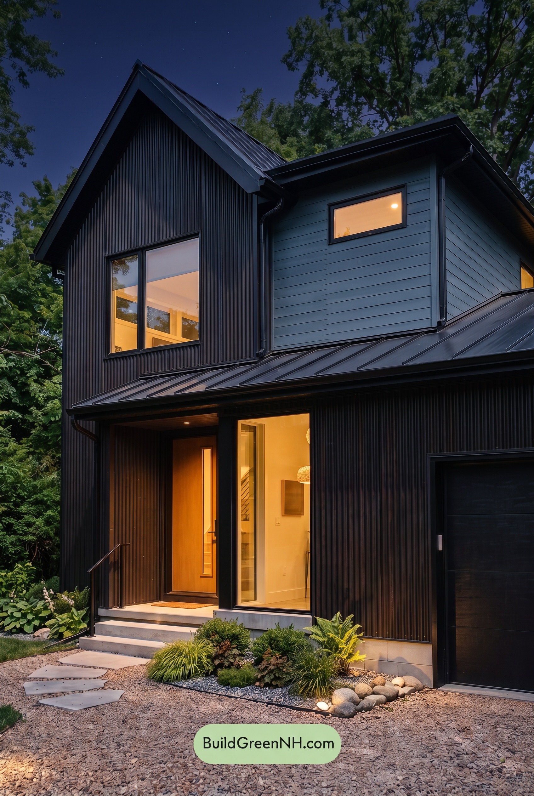 Modern Two-Tone Dark House Exterior Color Scheme: Azure Forge - Nighttime