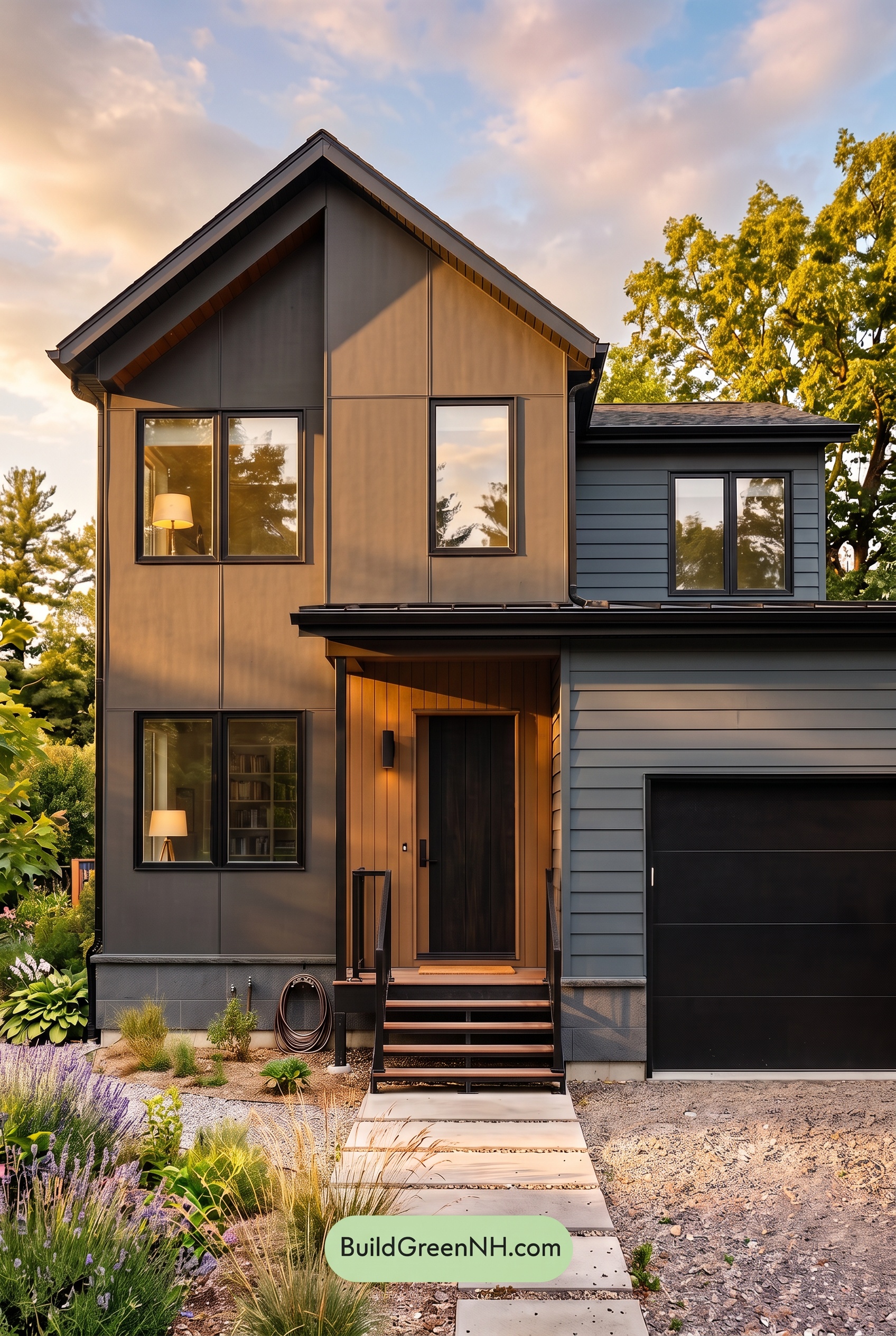 Modern Two-Tone Dark House Exterior Color Scheme: Blue Emberline - Golden Hour