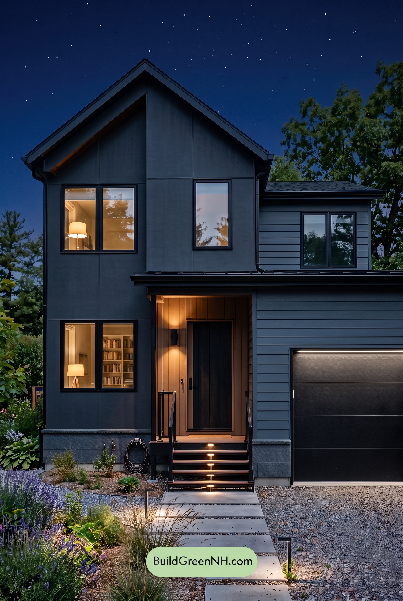 Modern Two-Tone Dark House Exterior Color Scheme: Blue Emberline - Nighttime