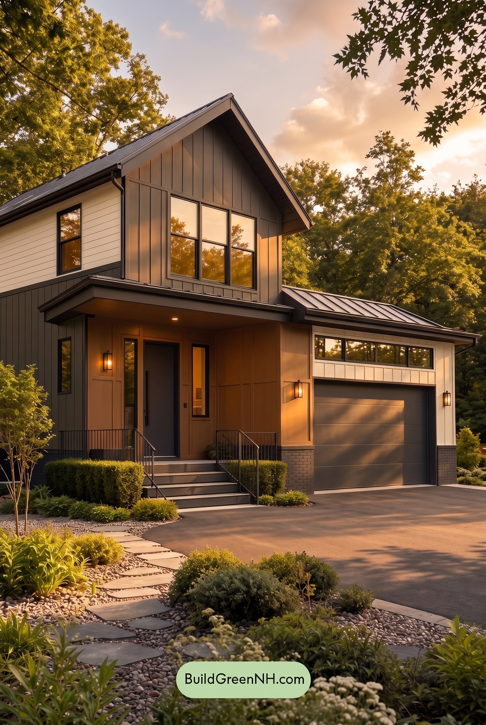 Modern Two-Tone Dark House Exterior Color Scheme: Coal Amberline - Golden Hour