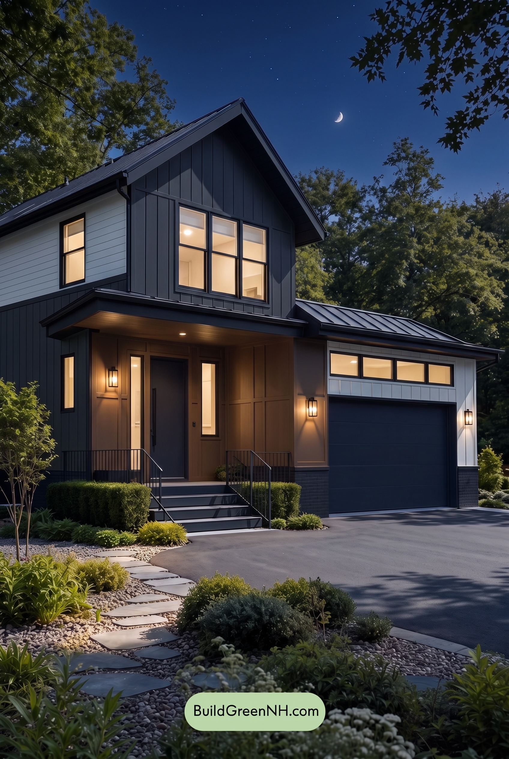 Modern Two-Tone Dark House Exterior Color Scheme: Coal Amberline - Nighttime