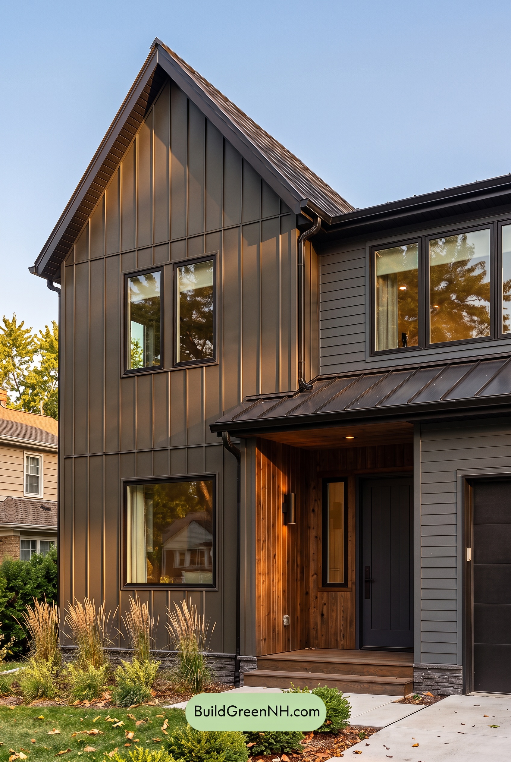 Modern Two-Tone Dark House Exterior Color Scheme: Cobalt Hearth - Golden Hour