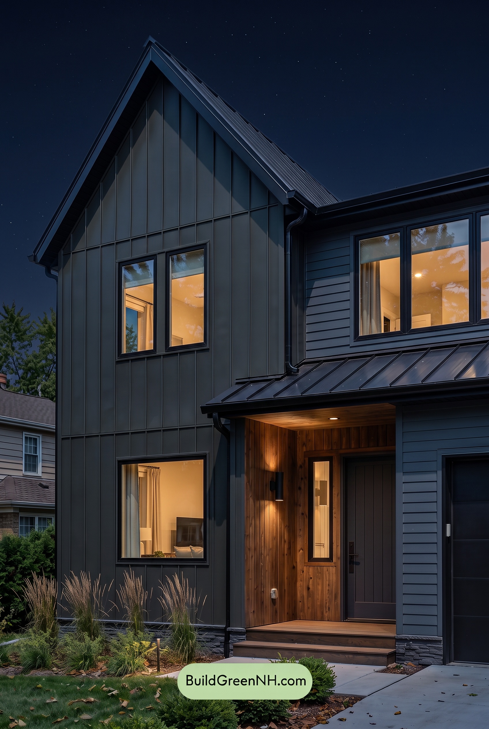 Modern Two-Tone Dark House Exterior Color Scheme: Cobalt Hearth - Nighttime