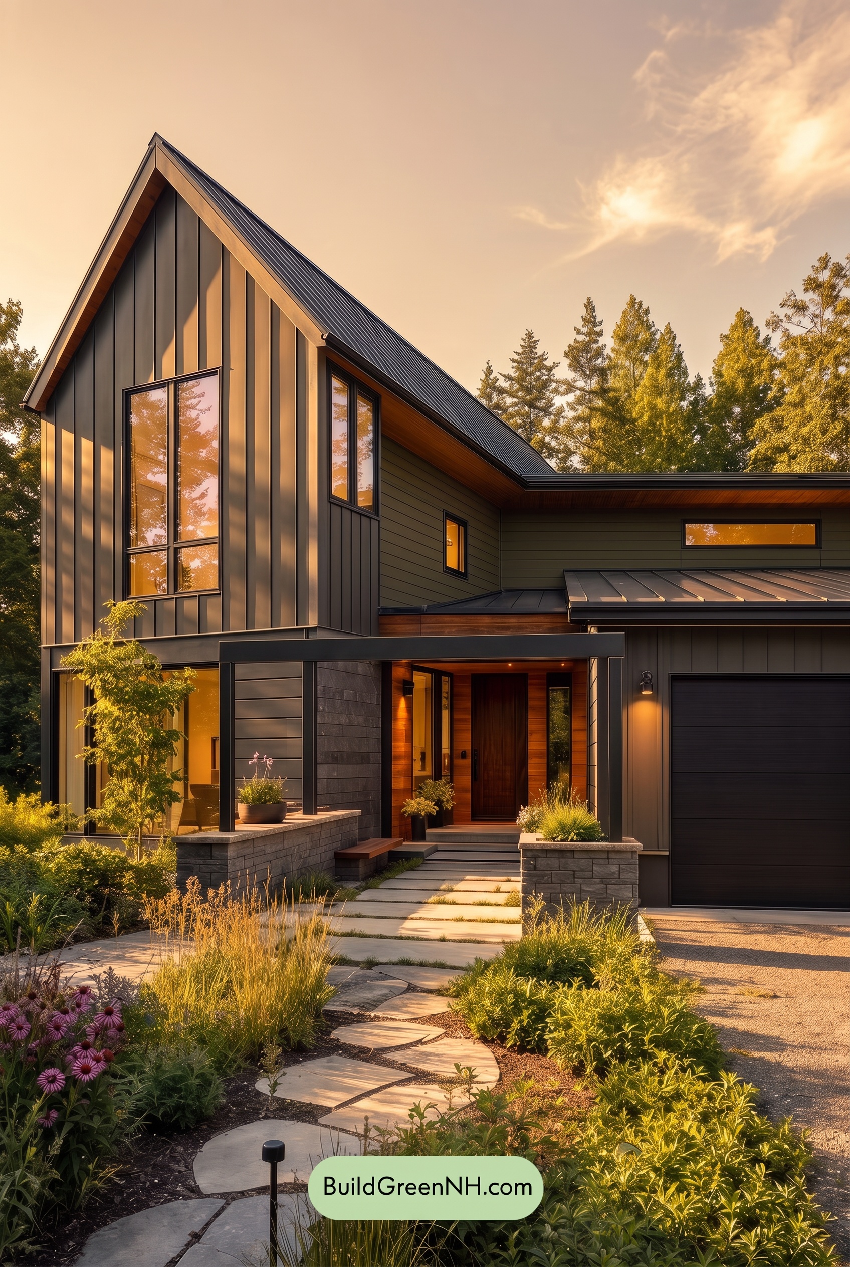 Modern Two-Tone Dark House Exterior Color Scheme: Fern Voltage - Golden Hour