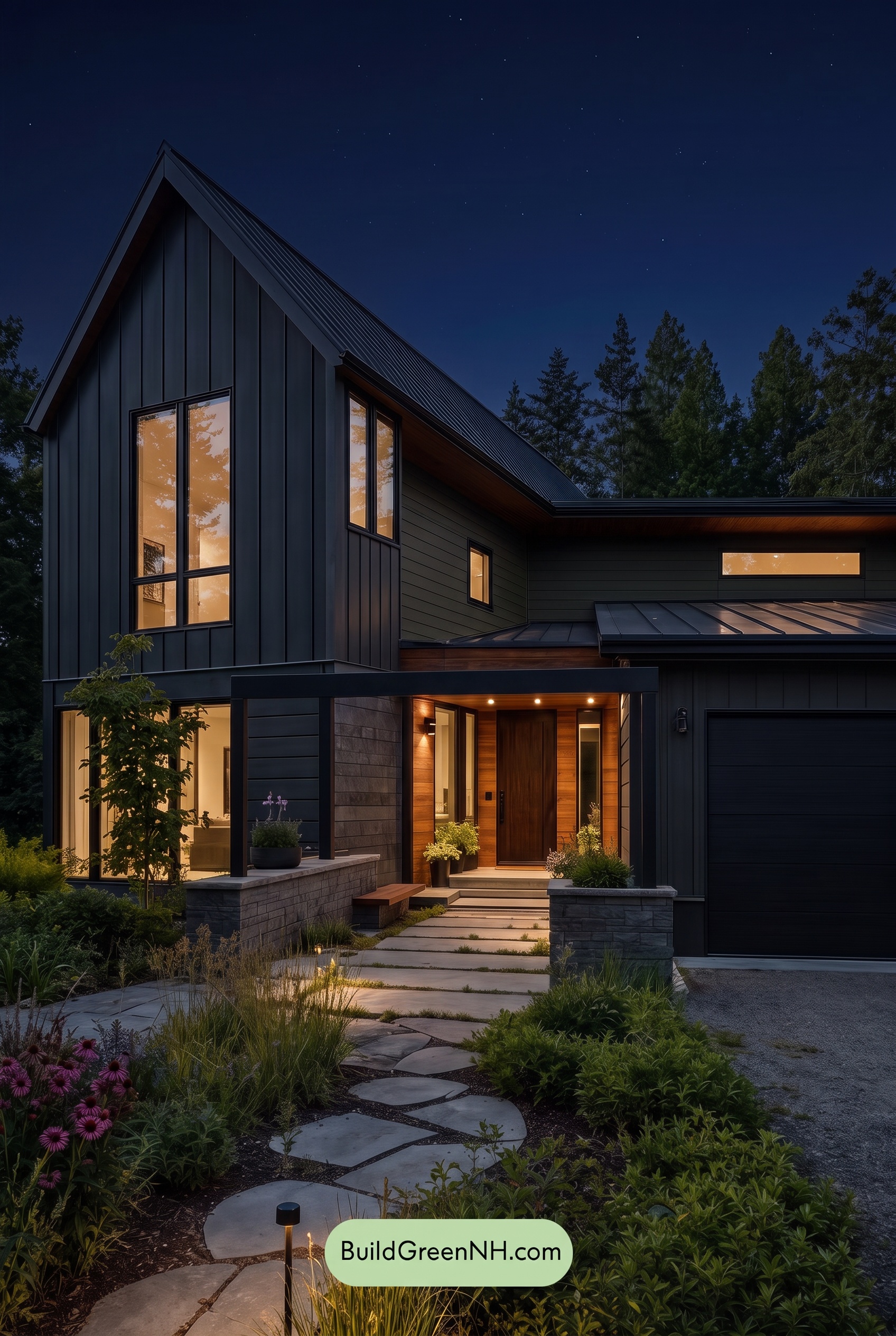 Modern Two-Tone Dark House Exterior Color Scheme: Fern Voltage - Nighttime