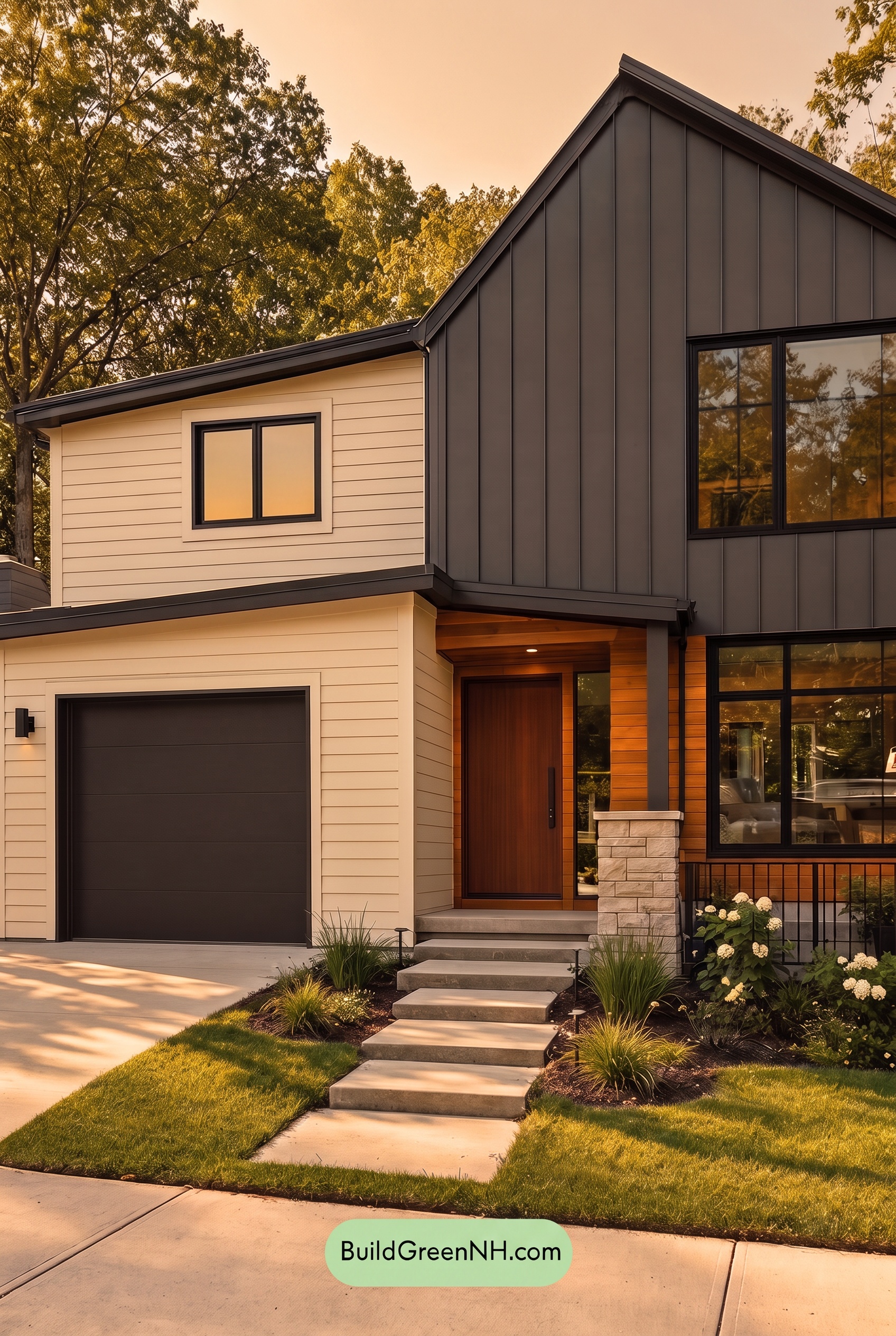 Modern Two-Tone Dark House Exterior Color Scheme: Graphite Cedar Drift - Golden Hour