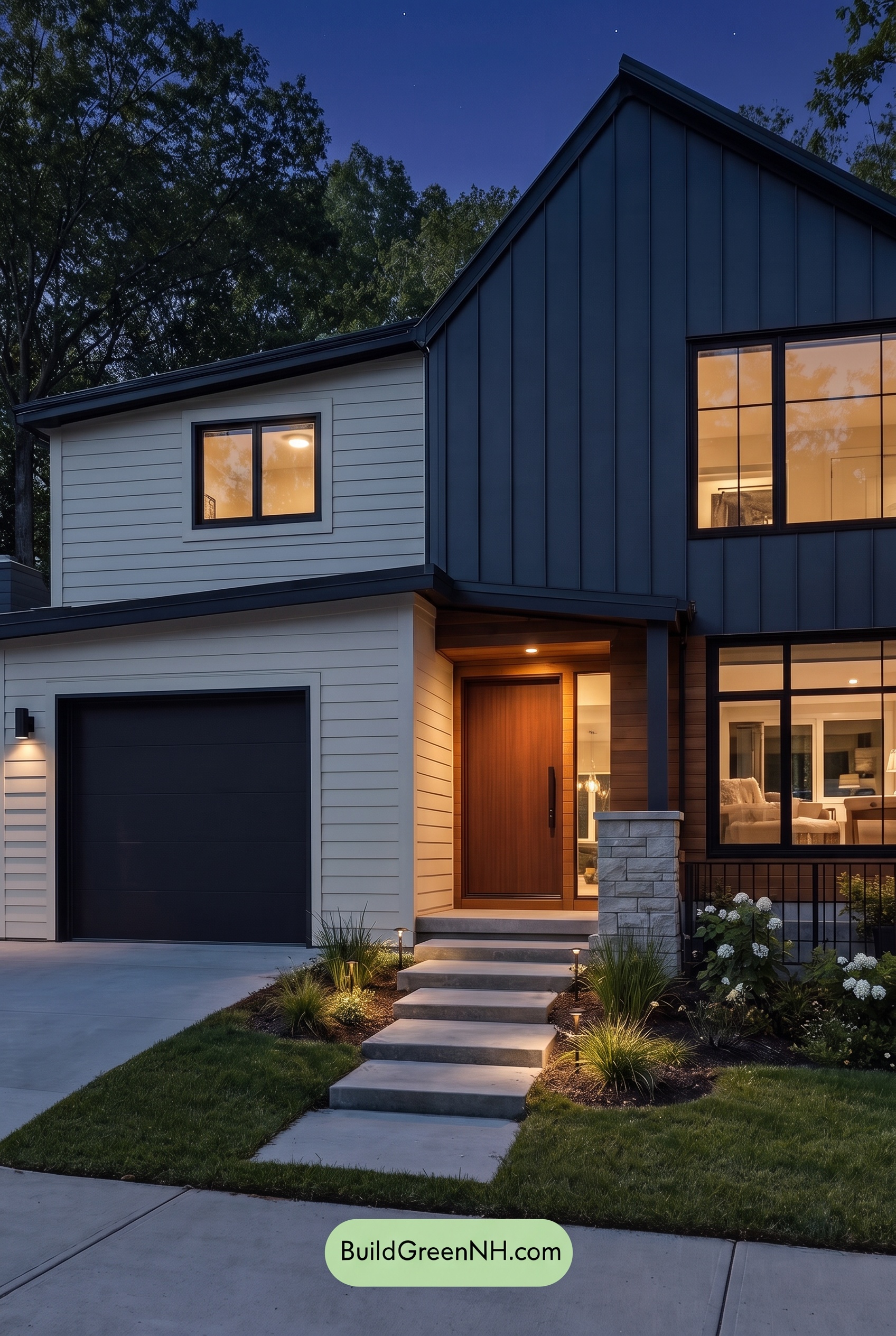 Modern Two-Tone Dark House Exterior Color Scheme: Graphite Cedar Drift - Nighttime