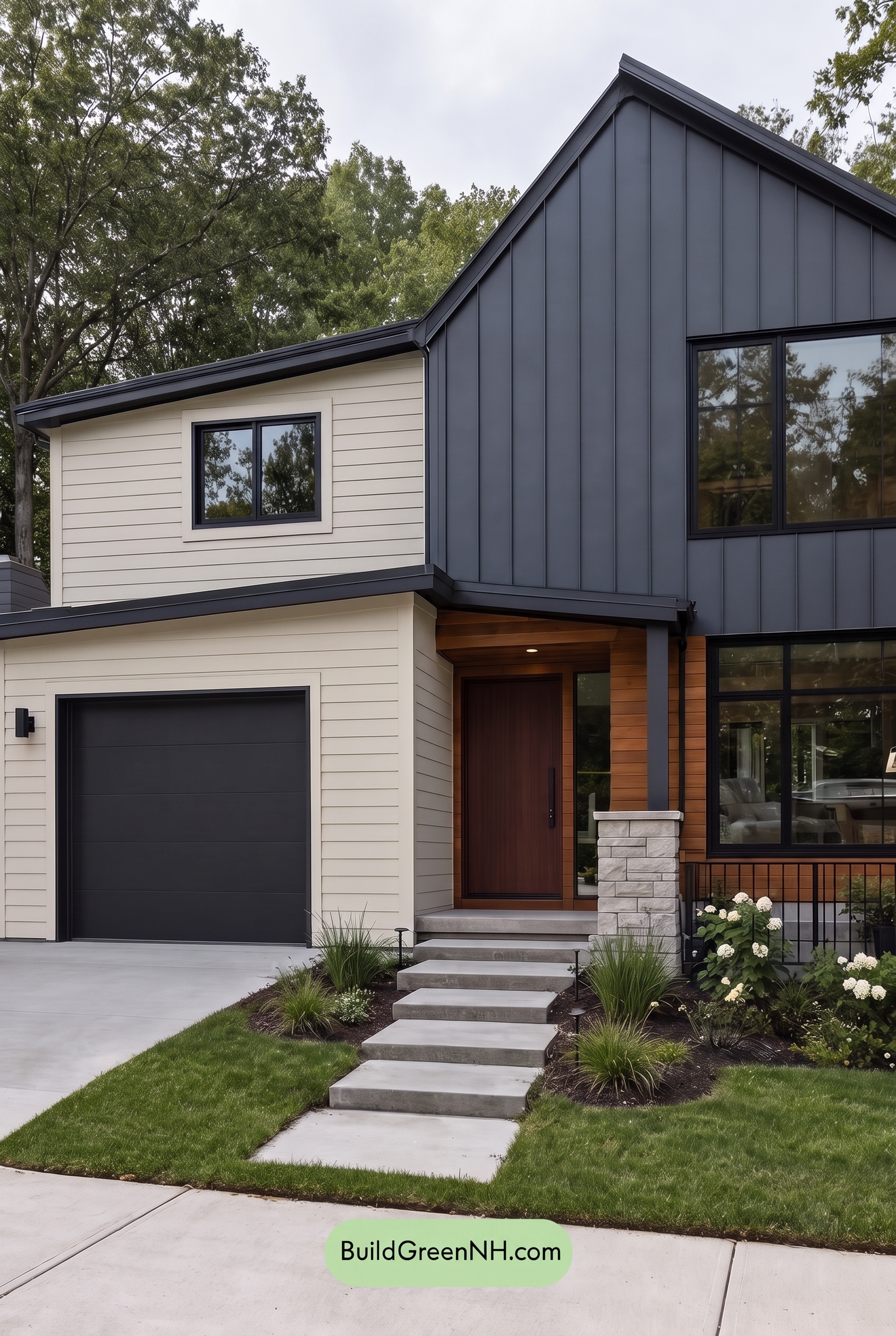 Modern Two-Tone Dark House Exterior Color Scheme: Graphite Cedar Drift - Overcast