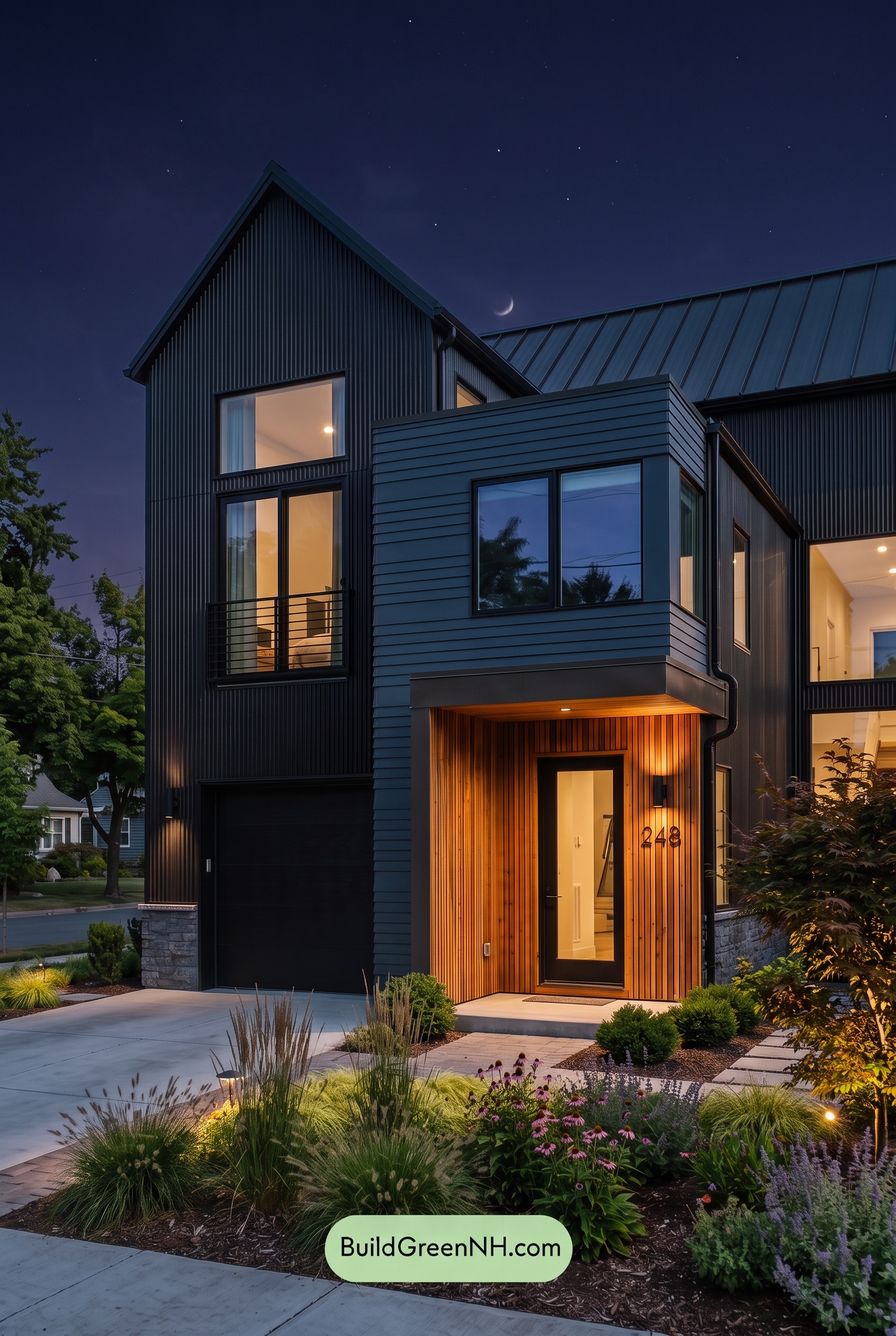 Modern Two-Tone Dark House Exterior Color Scheme: Indigo Anvil - Nighttime