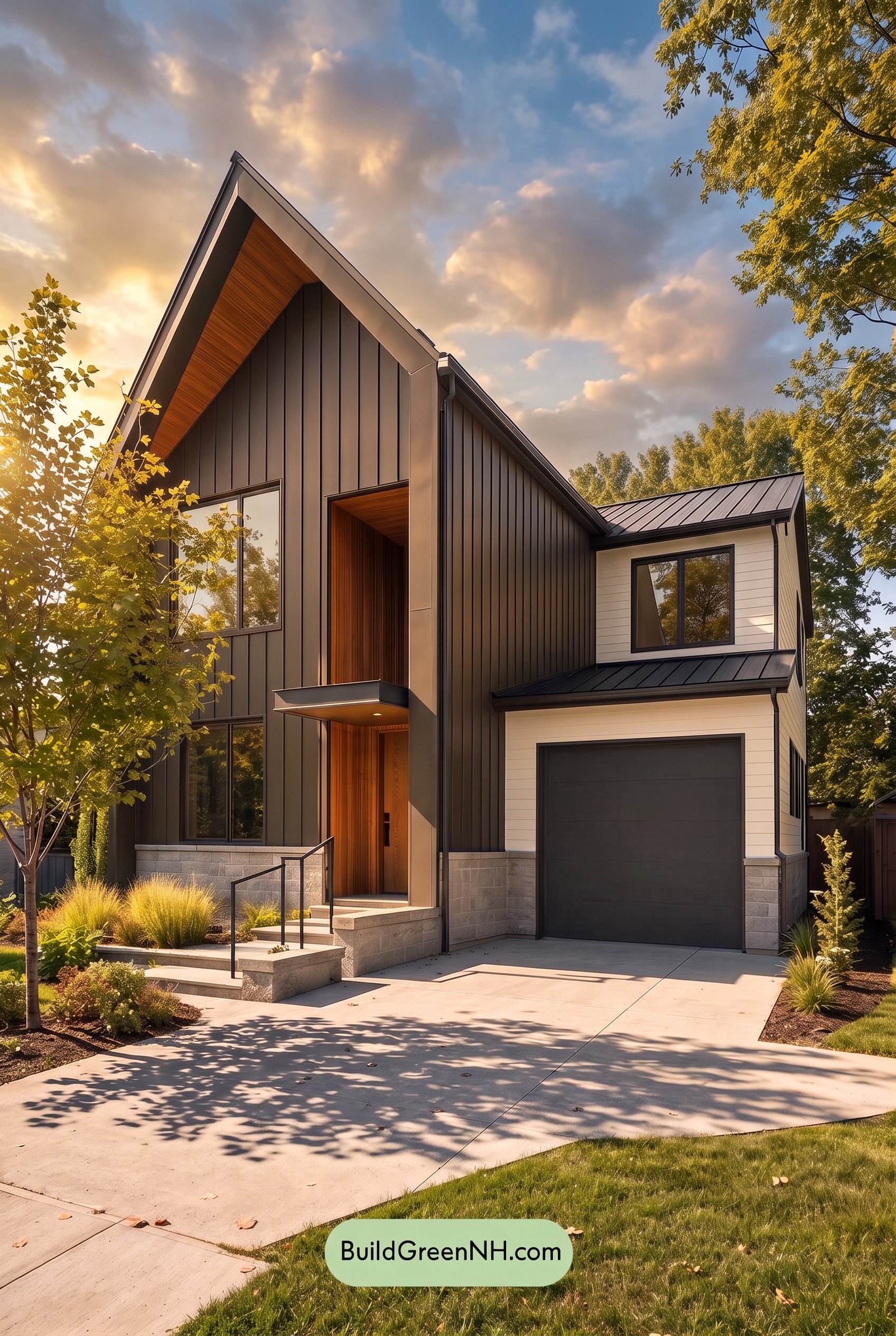 Modern Two-Tone Dark House Exterior Color Scheme: Ironwood Glow - Golden Hour