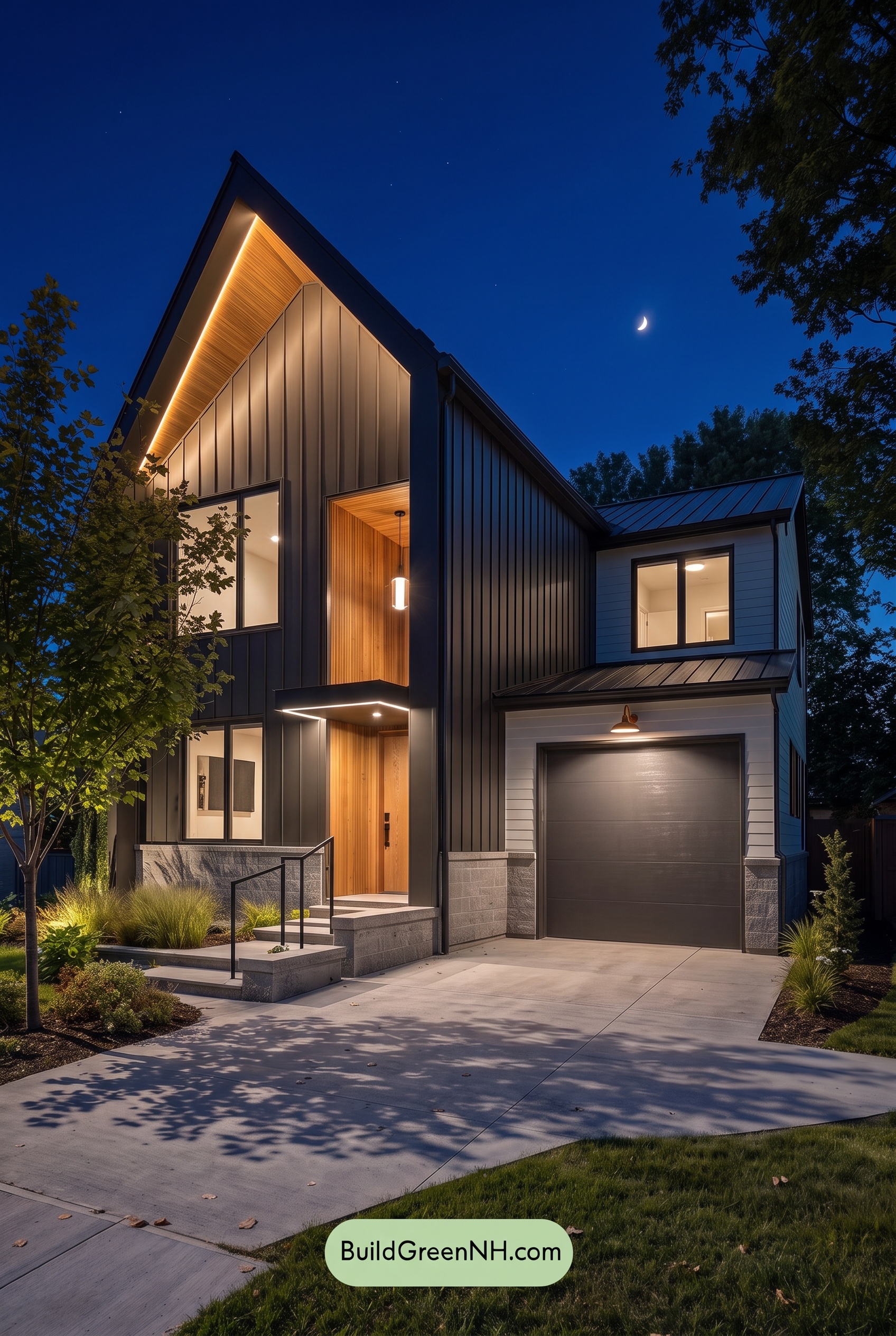 Modern Two-Tone Dark House Exterior Color Scheme: Ironwood Glow - Nighttime