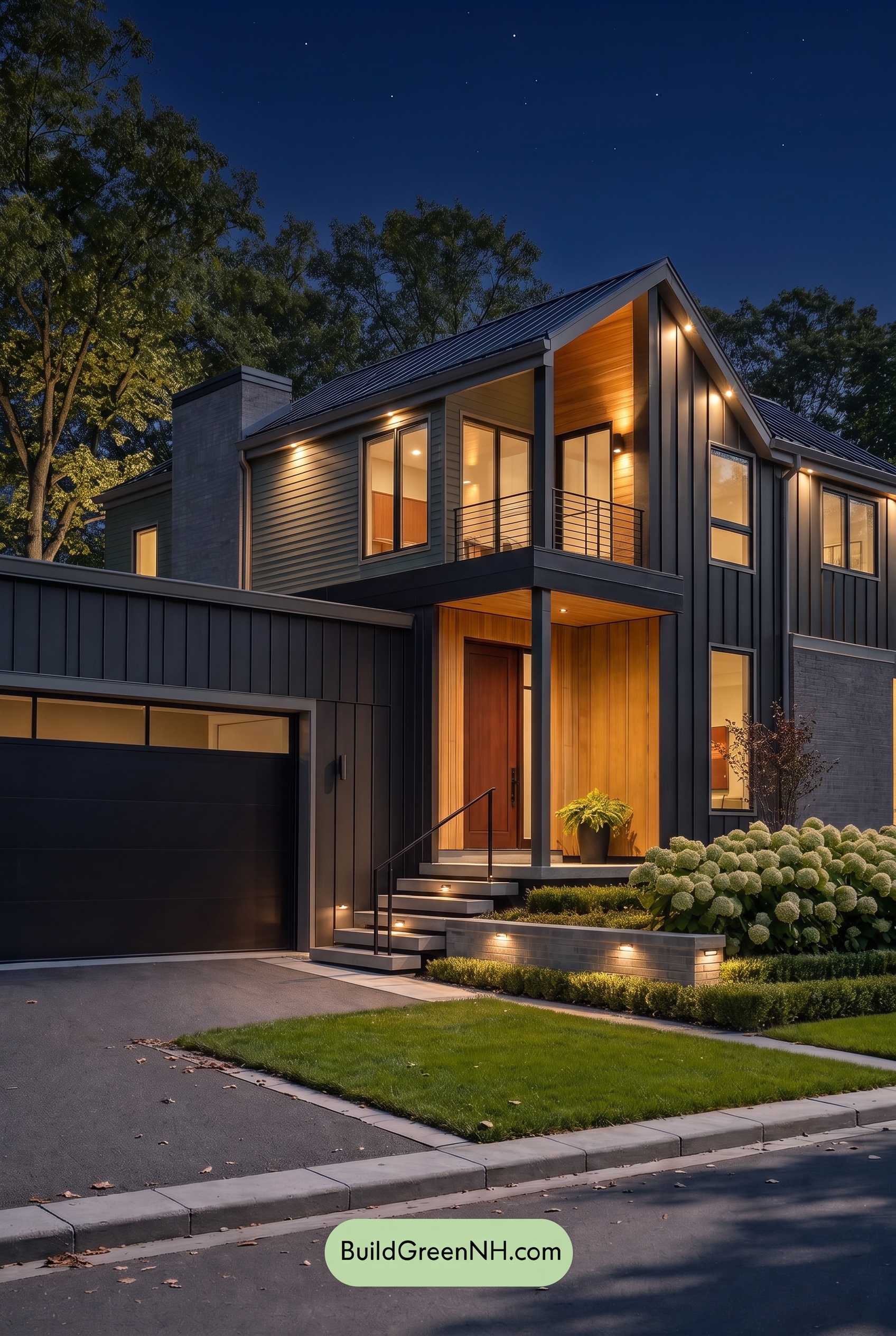 Modern Two-Tone Dark House Exterior Color Scheme: Juniper Alloy - Nighttime