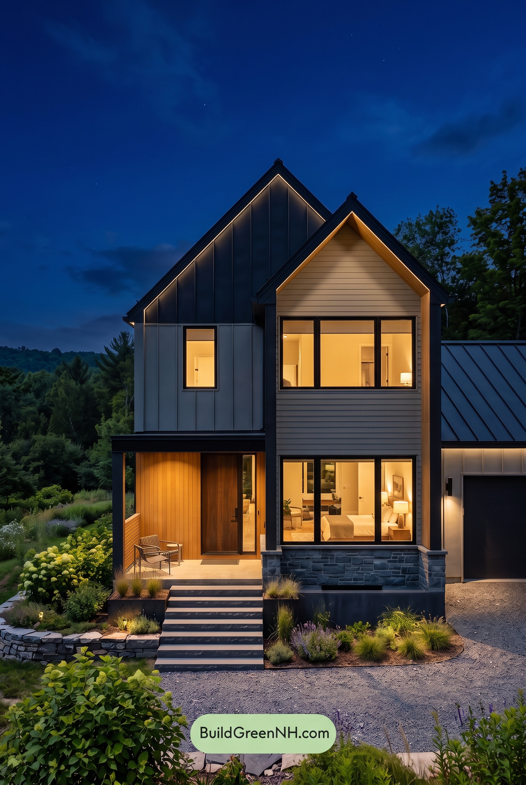 Modern Two-Tone Dark House Exterior Color Scheme: Laurel Shadow - Nighttime