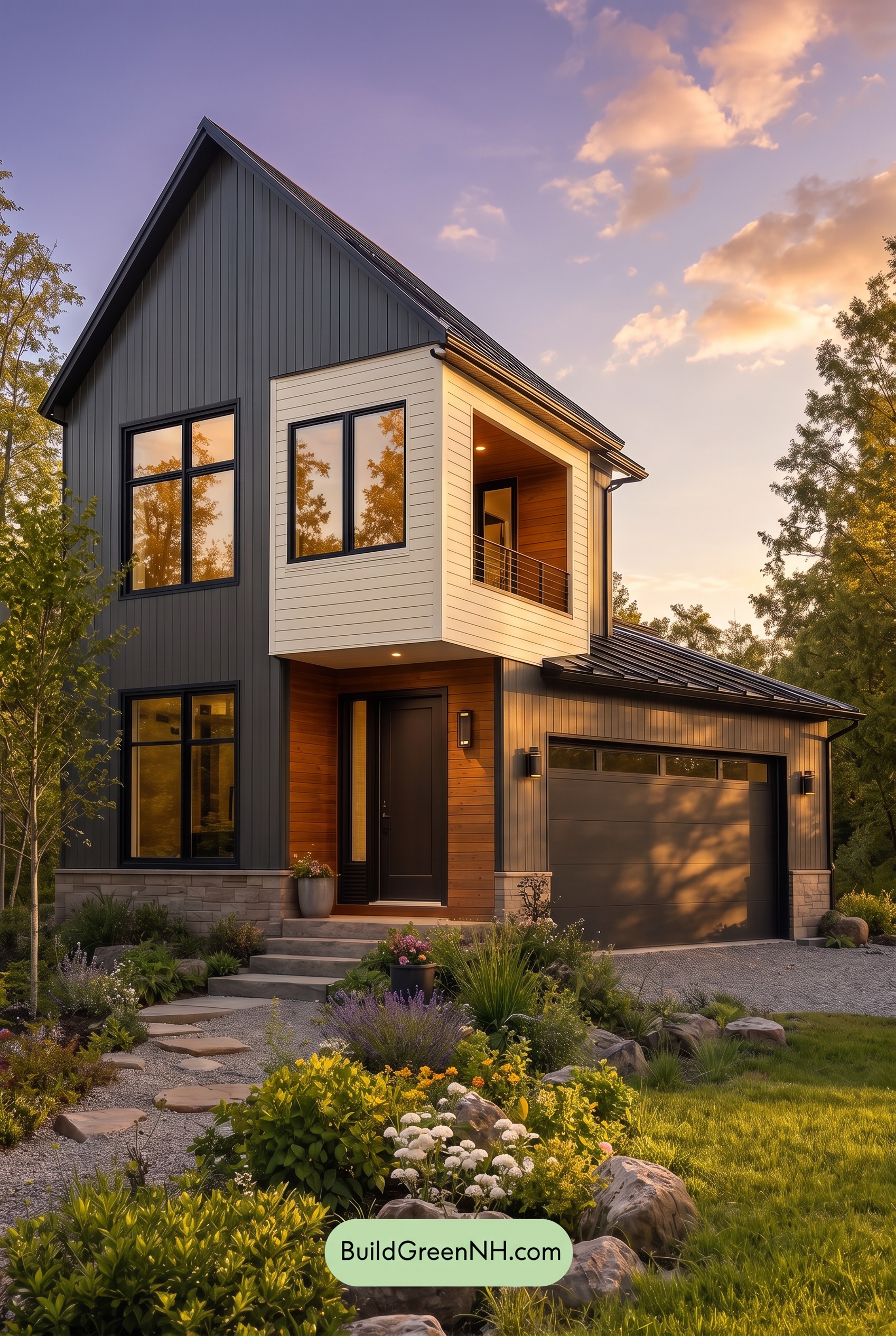 Modern Two-Tone Dark House Exterior Color Scheme: Midnight Linen - Golden Hour
