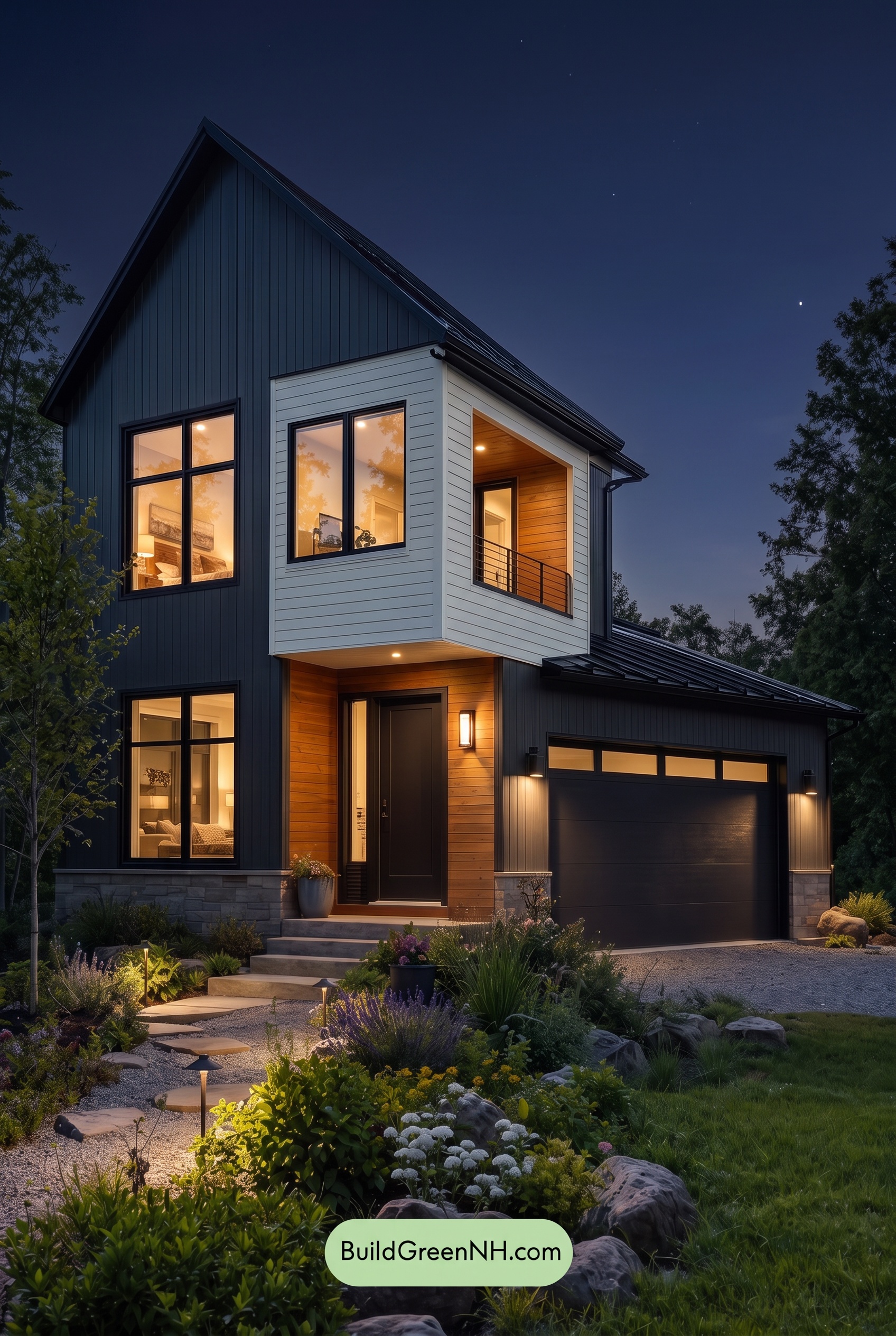 Modern Two-Tone Dark House Exterior Color Scheme: Midnight Linen - Nighttime