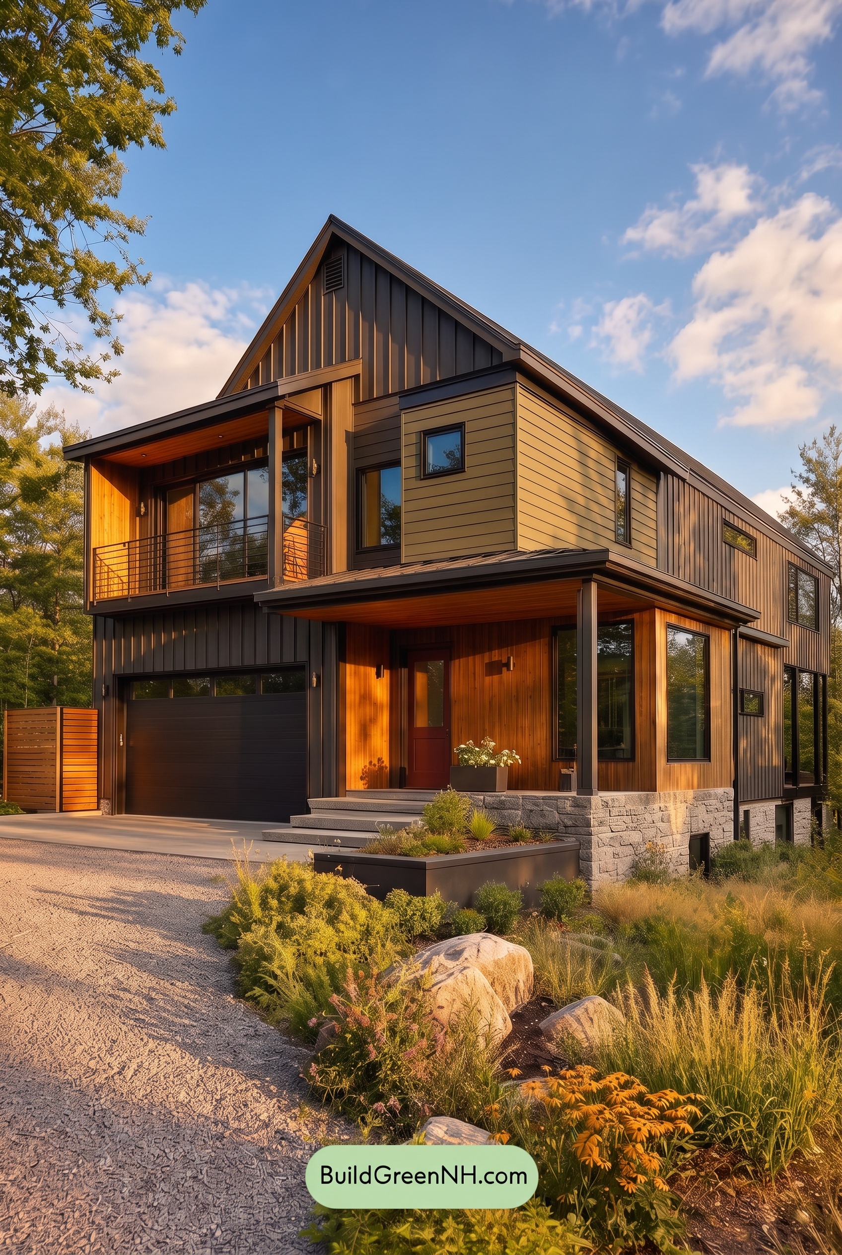 Modern Two-Tone Dark House Exterior Color Scheme: Mossline Ember - Golden Hour