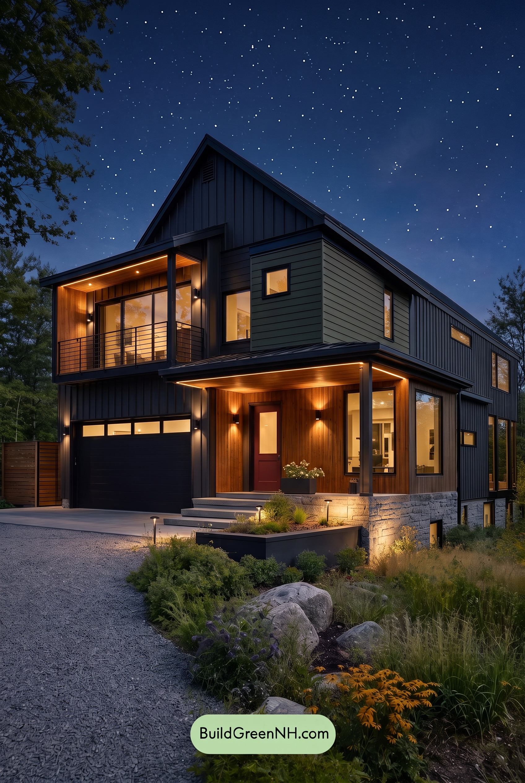 Modern Two-Tone Dark House Exterior Color Scheme: Mossline Ember - Nighttime