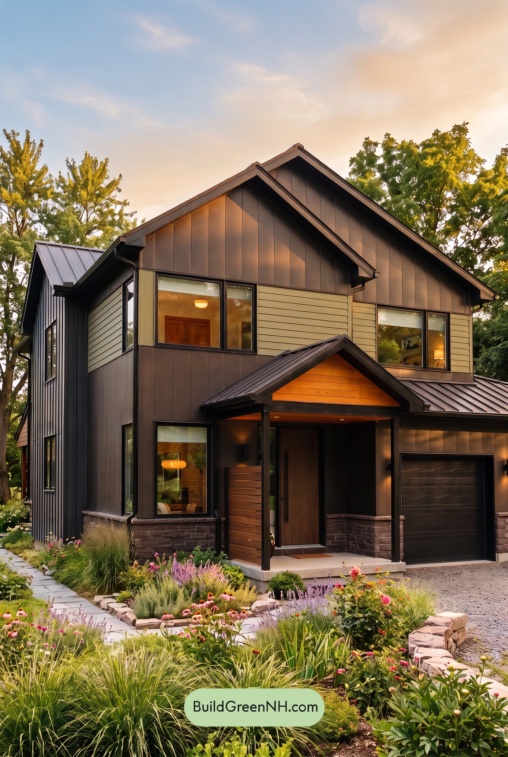 Modern Two-Tone Dark House Exterior Color Scheme: Olive Meridian - Golden Hour
