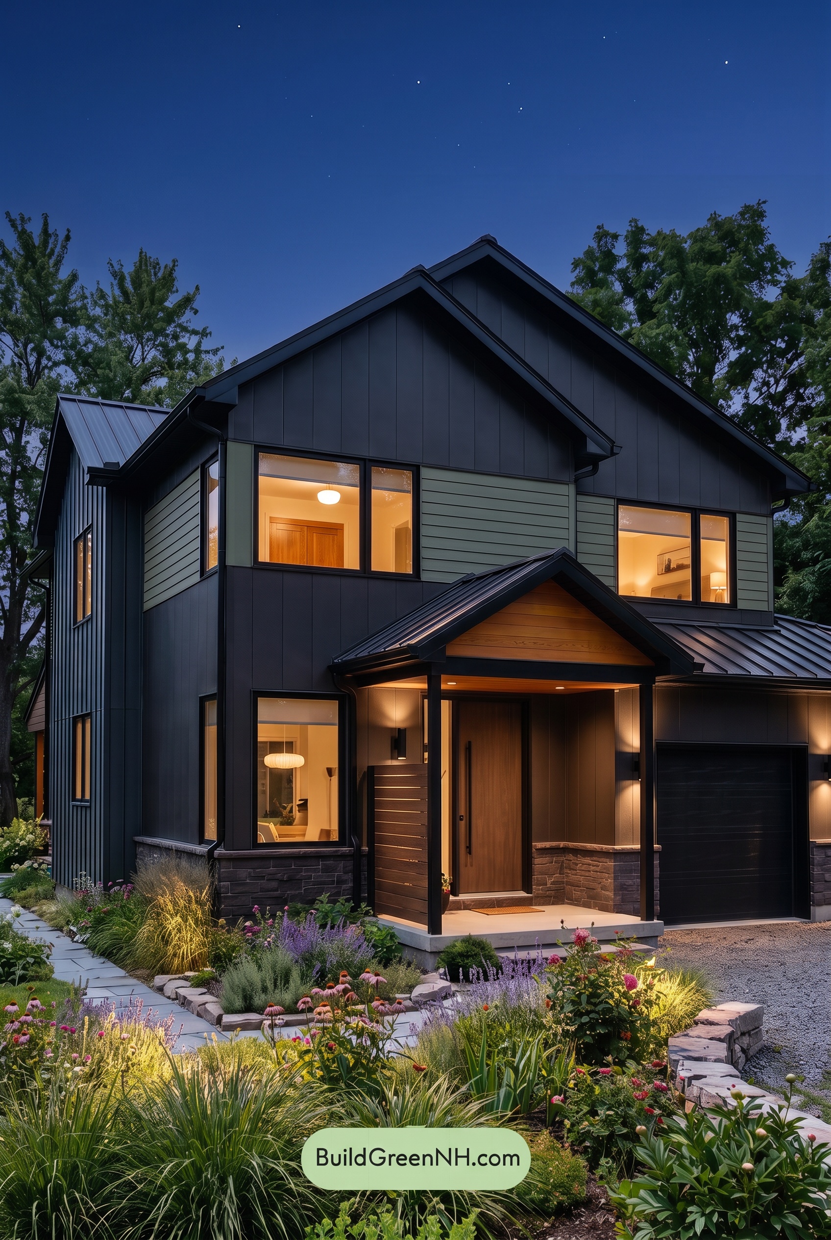 Modern Two-Tone Dark House Exterior Color Scheme: Olive Meridian - Nighttime