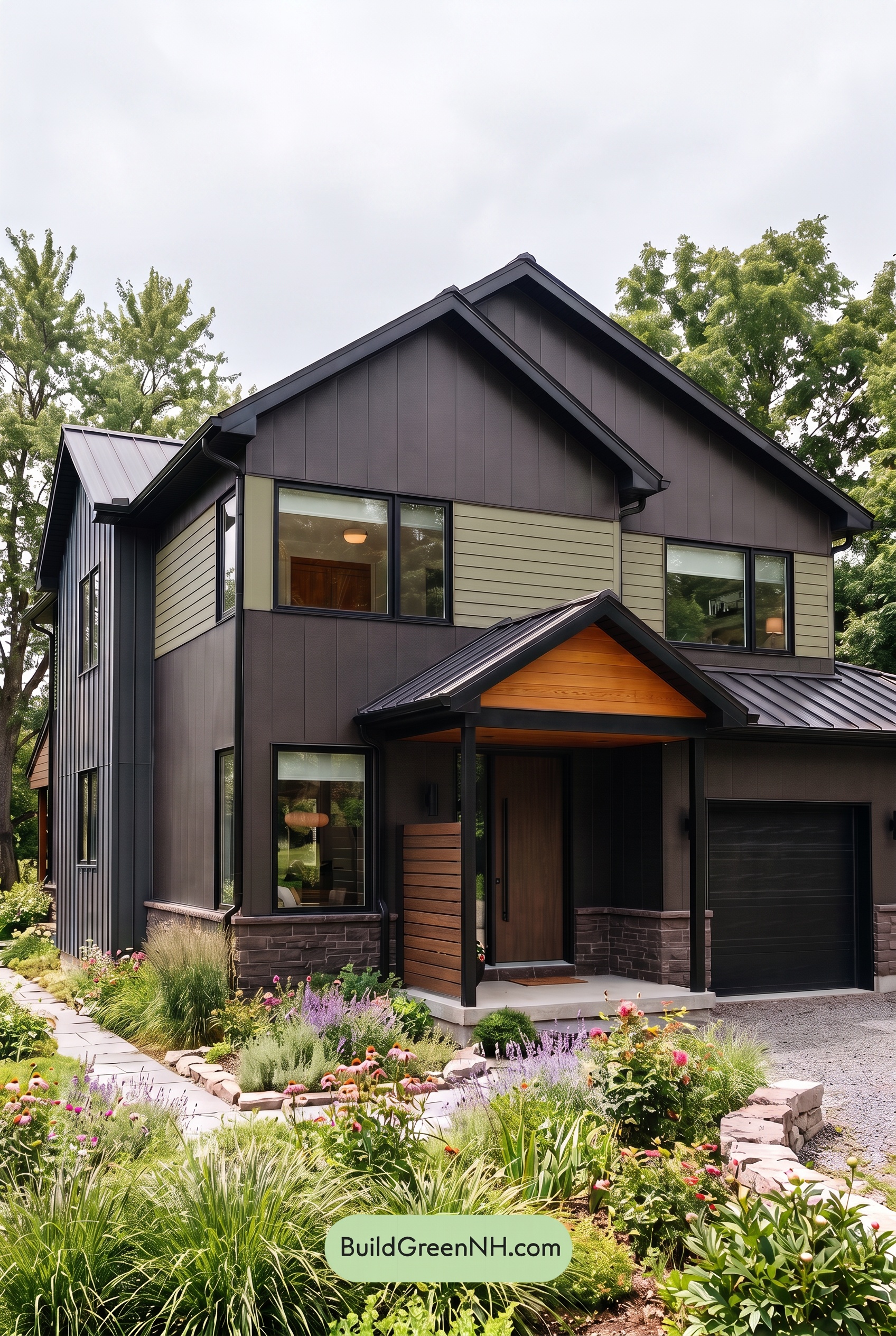Modern Two-Tone Dark House Exterior Color Scheme: Olive Meridian - Overcast