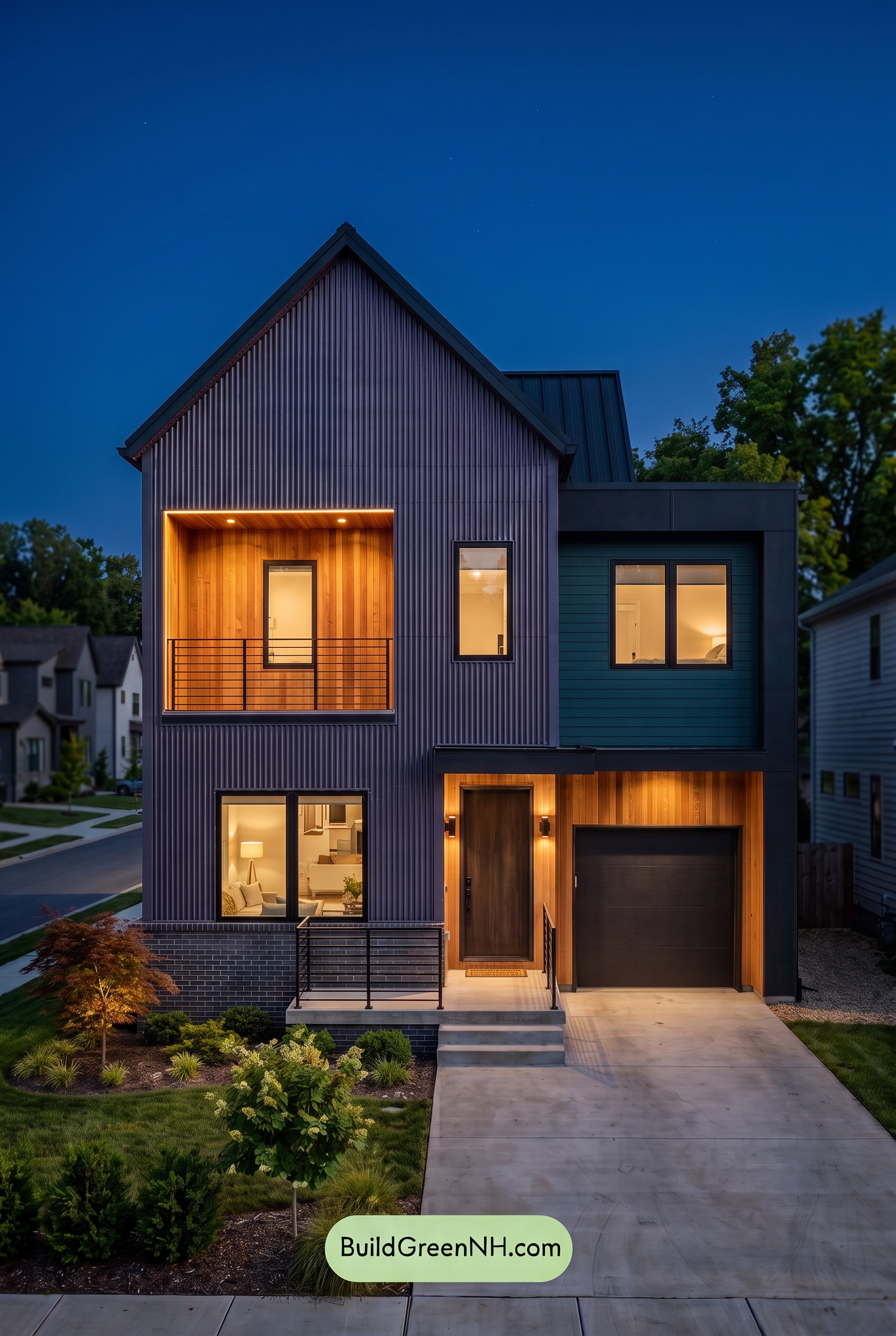 Modern Two-Tone Dark House Exterior Color Scheme: Pine Signal - Nighttime