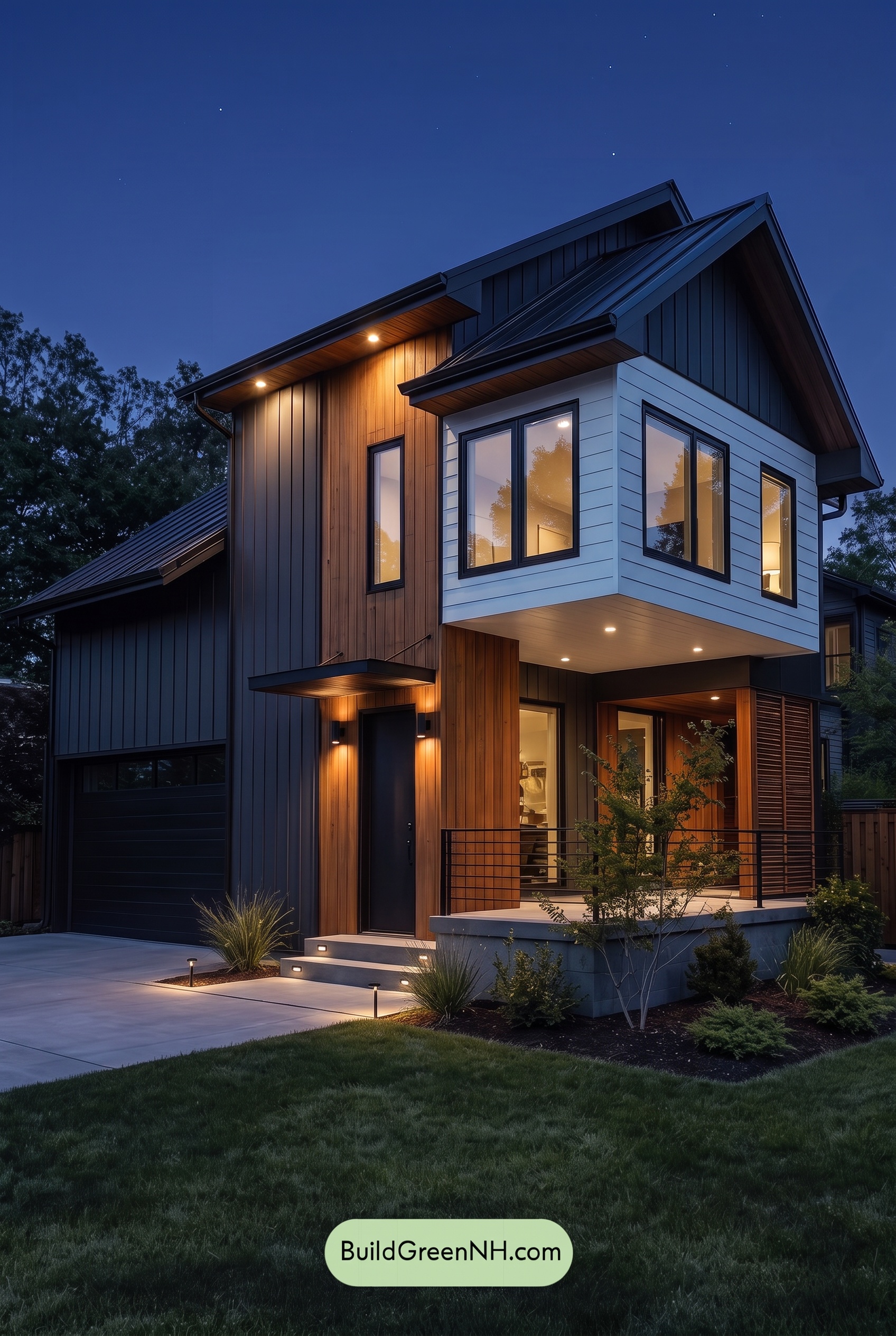 Modern Two-Tone Dark House Exterior Color Scheme: Sable Birch - Nighttime