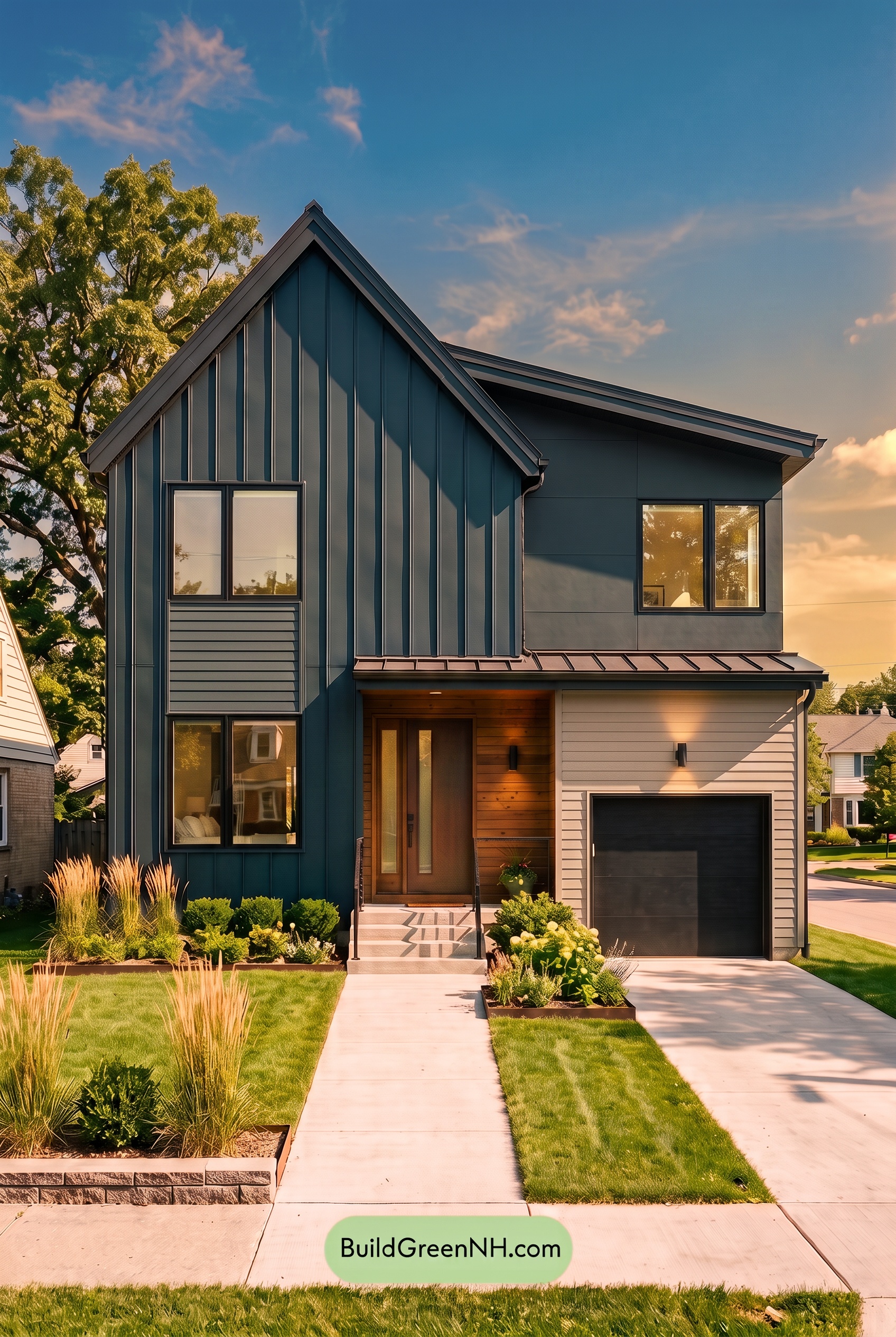 Modern Two-Tone Dark House Exterior Color Scheme: Sage Nightfall - Golden Hour