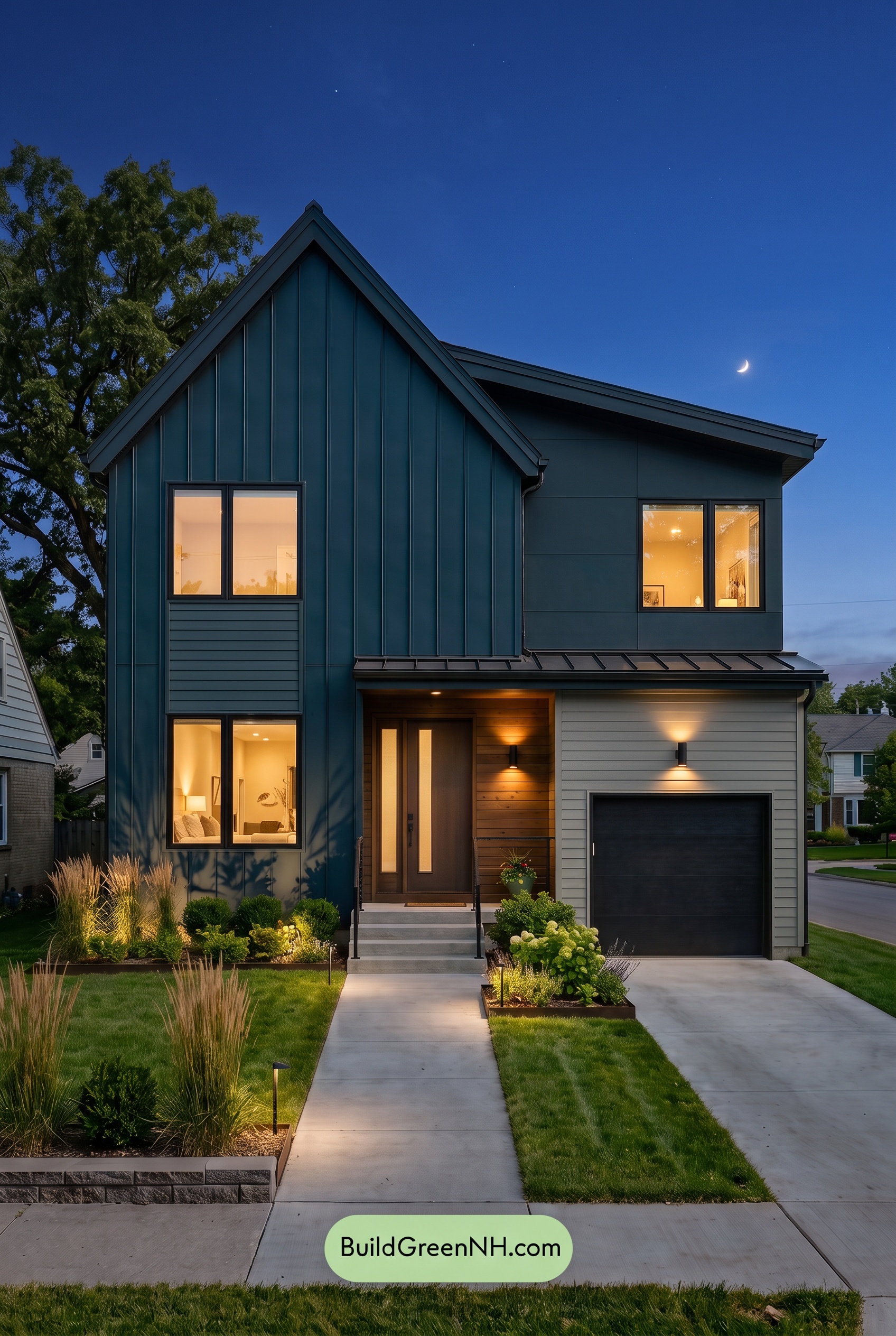 Modern Two-Tone Dark House Exterior Color Scheme: Sage Nightfall - Nighttime