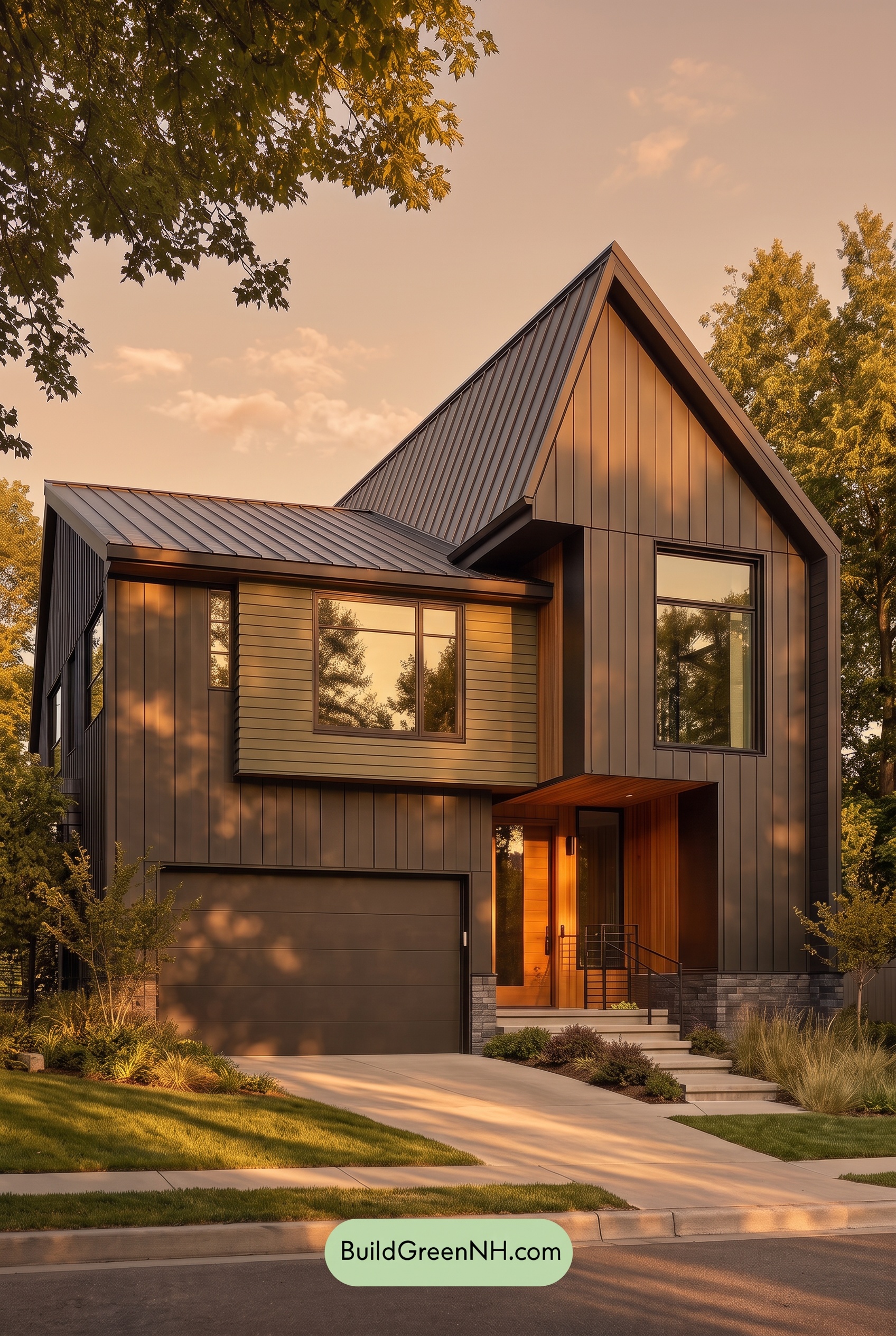 Modern Two-Tone Dark House Exterior Color Scheme: Verdant Eclipse - Golden Hour