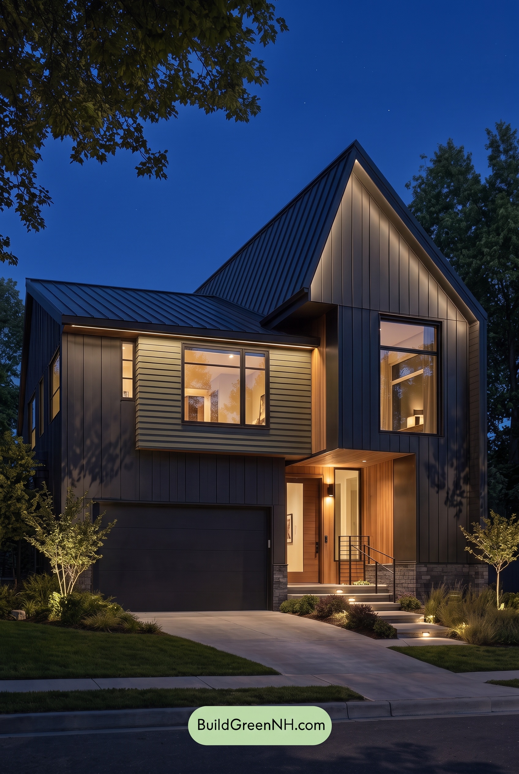 Modern Two-Tone Dark House Exterior Color Scheme: Verdant Eclipse - Nighttime