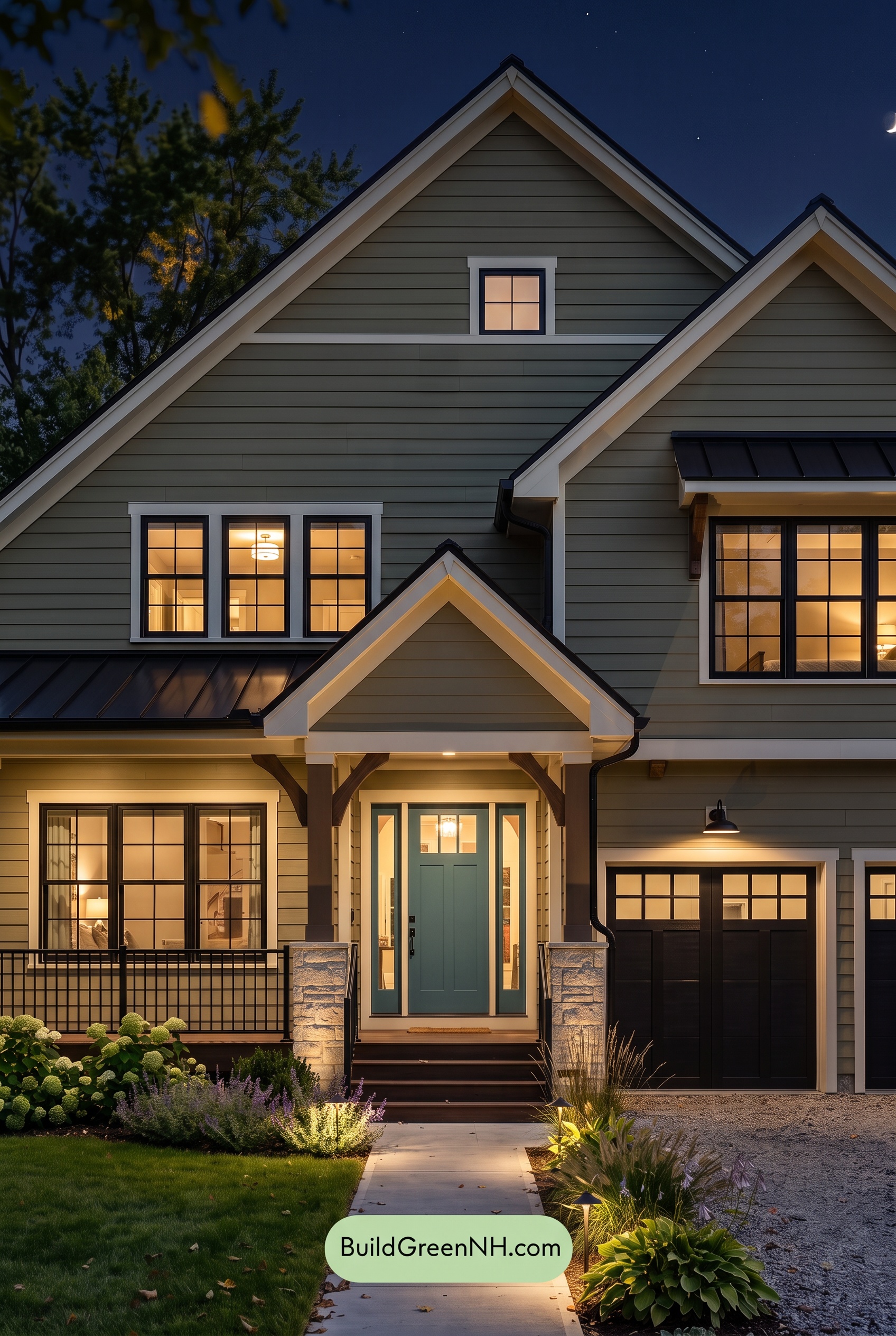 Modern Yellow House Exterior Color Scheme: Citrine Iron Porch - Nighttime