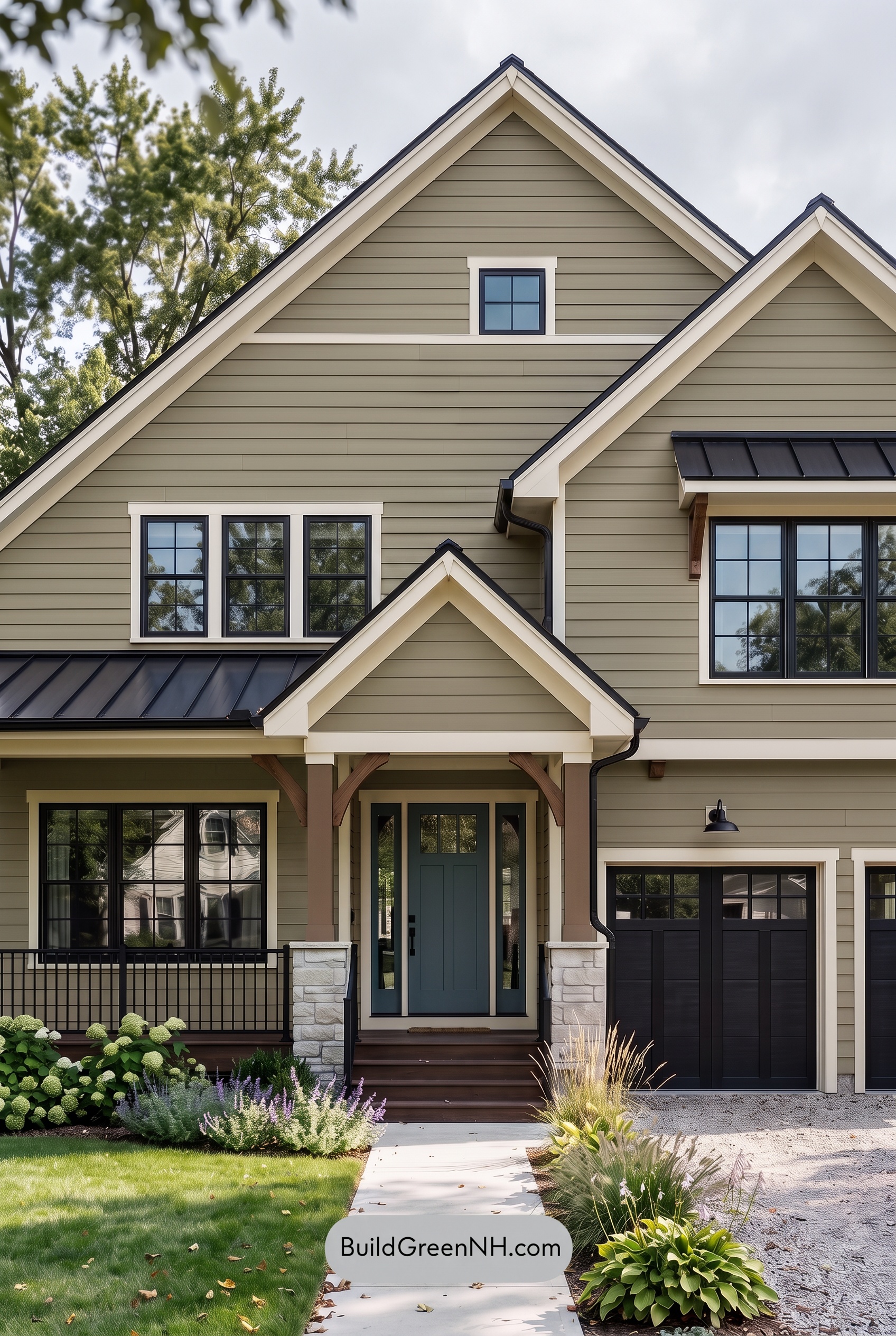 Modern Yellow House Exterior Color Scheme: Citrine Iron Porch - Overcast