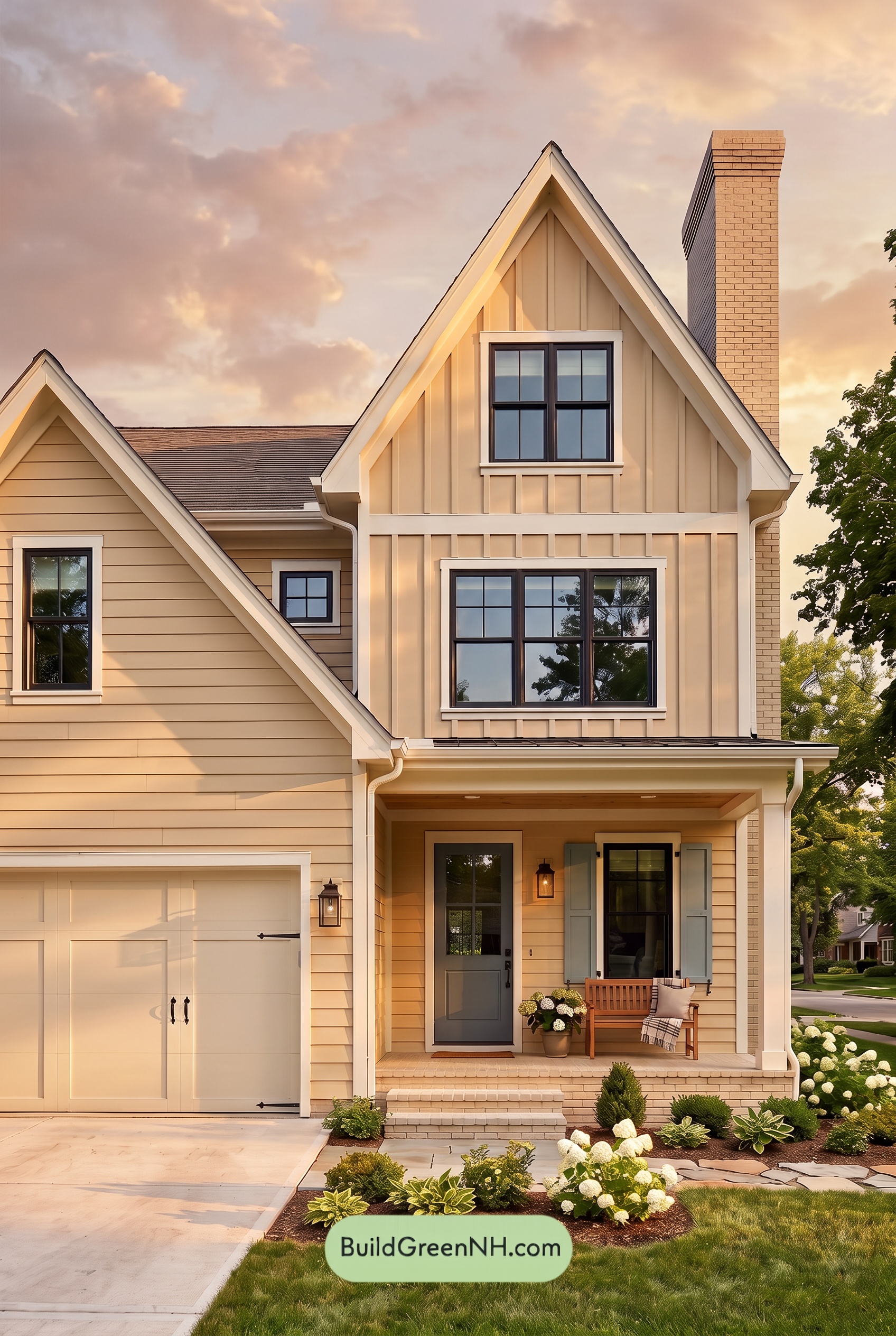 Modern Yellow House Exterior Color Scheme: Cream Azure Poise - Golden Hour