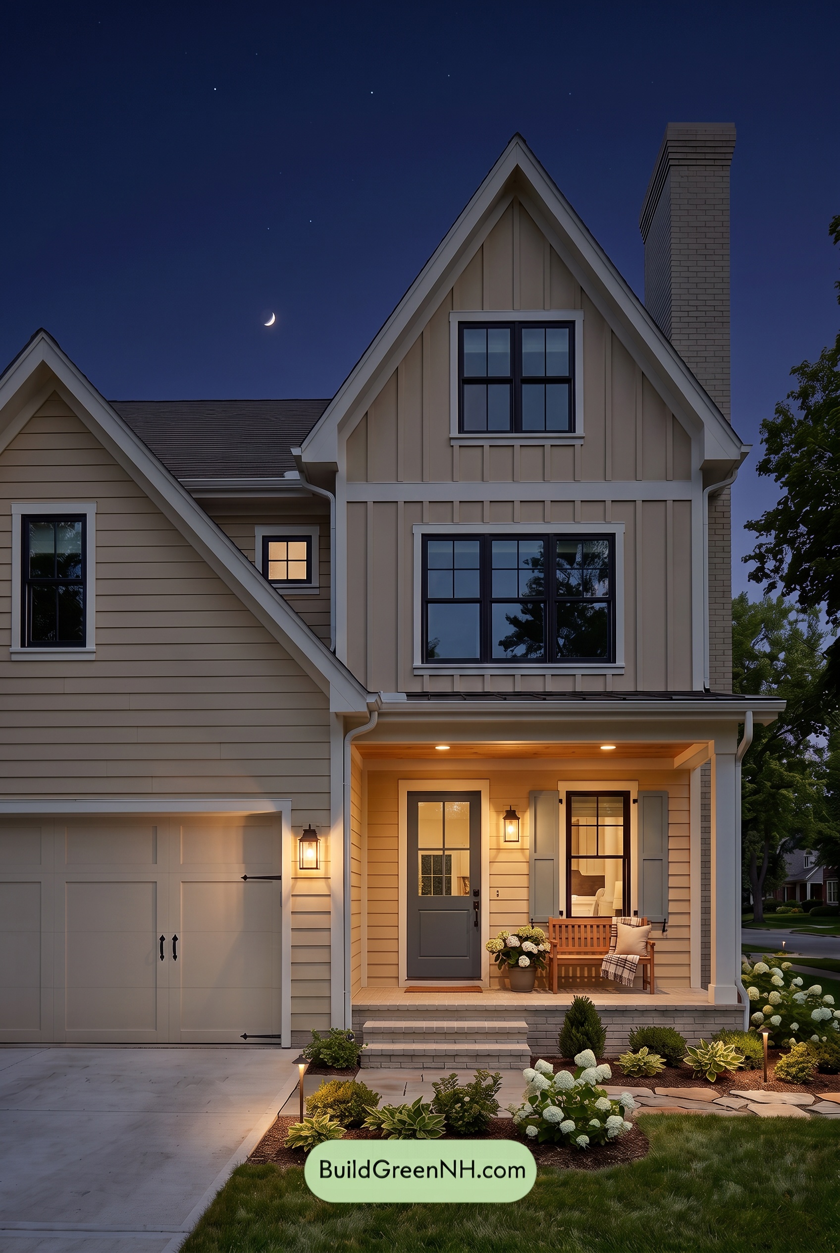 Modern Yellow House Exterior Color Scheme: Cream Azure Poise - Nighttime