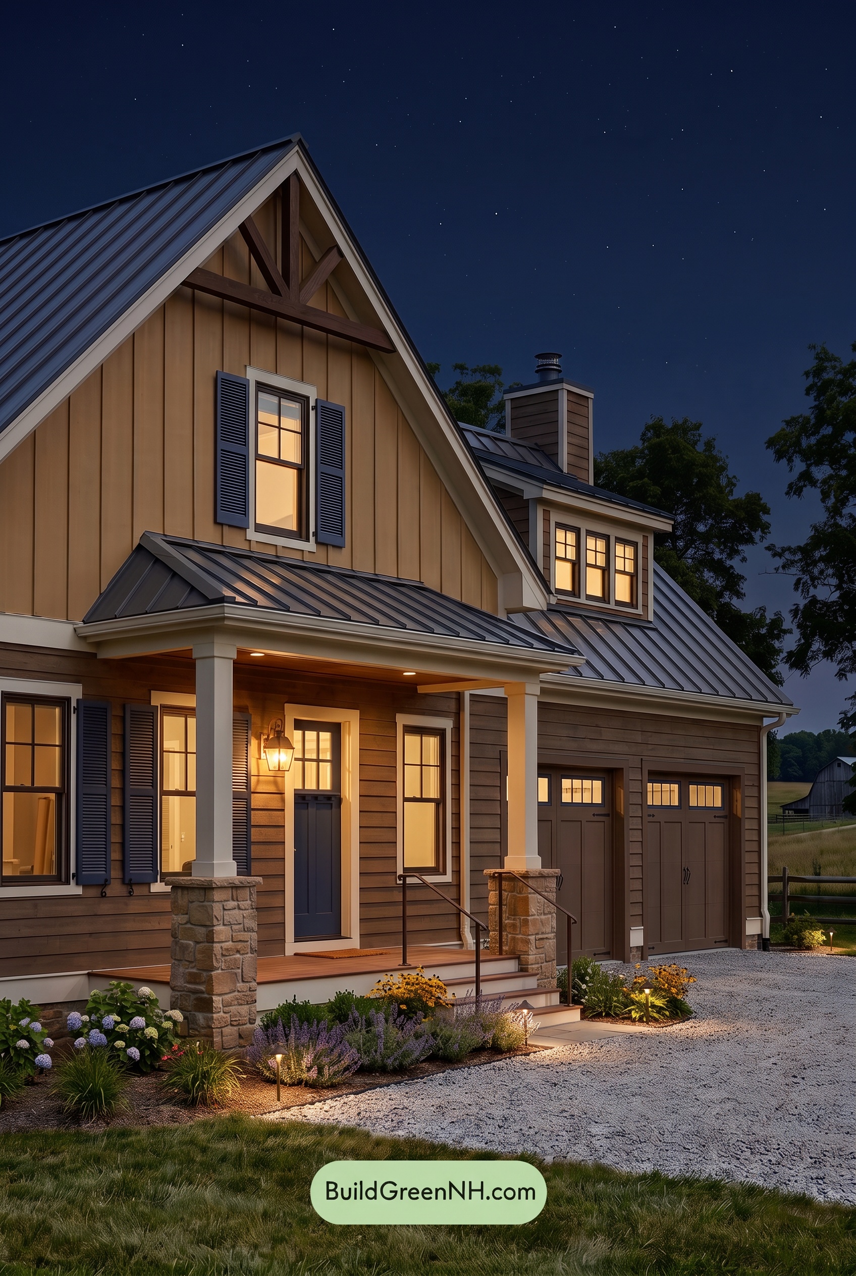 Modern Yellow House Exterior Color Scheme: Daffodil Indigo Hearth - Nighttime