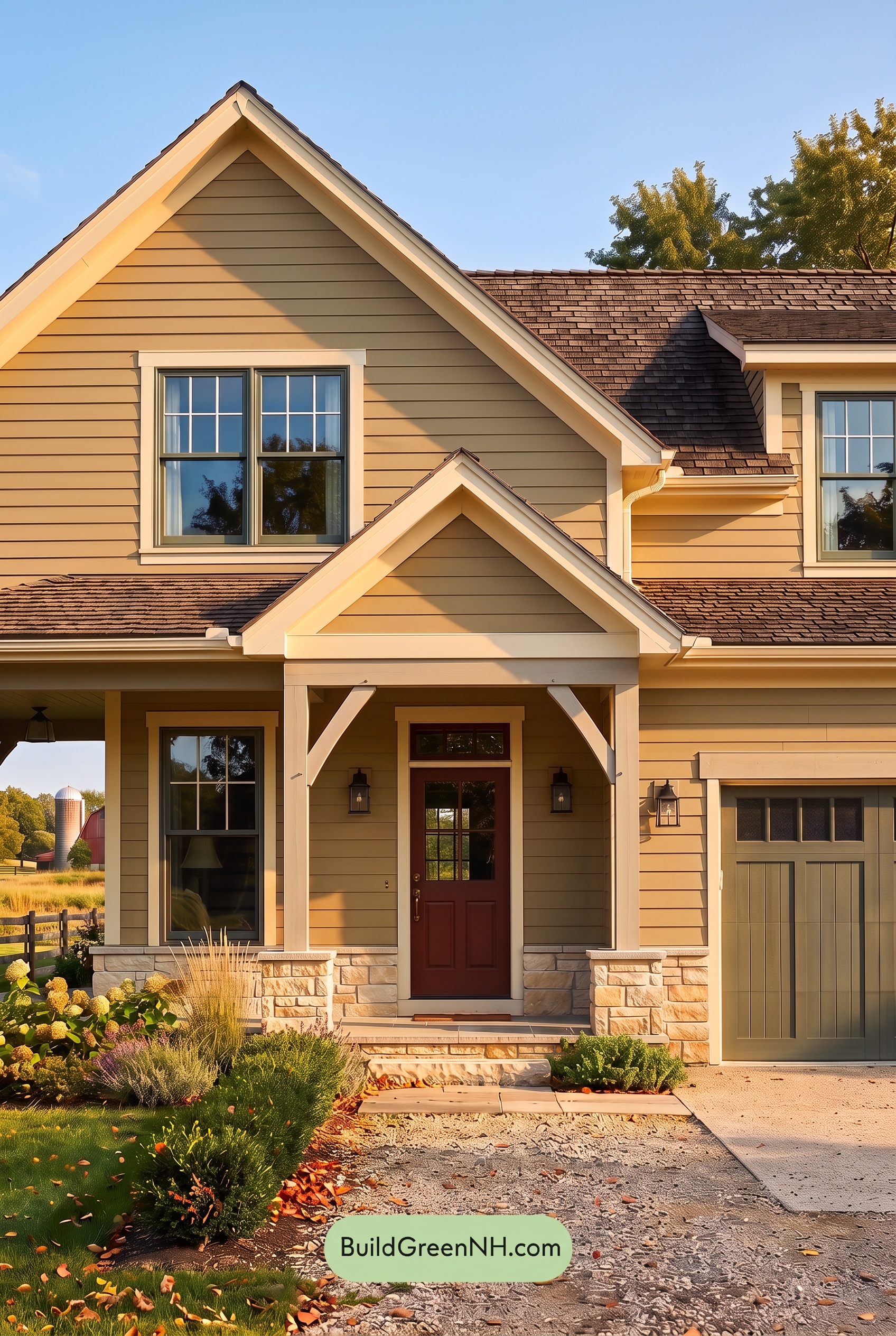 Modern Yellow House Exterior Color Scheme: Golden Moss Gable - Golden Hour