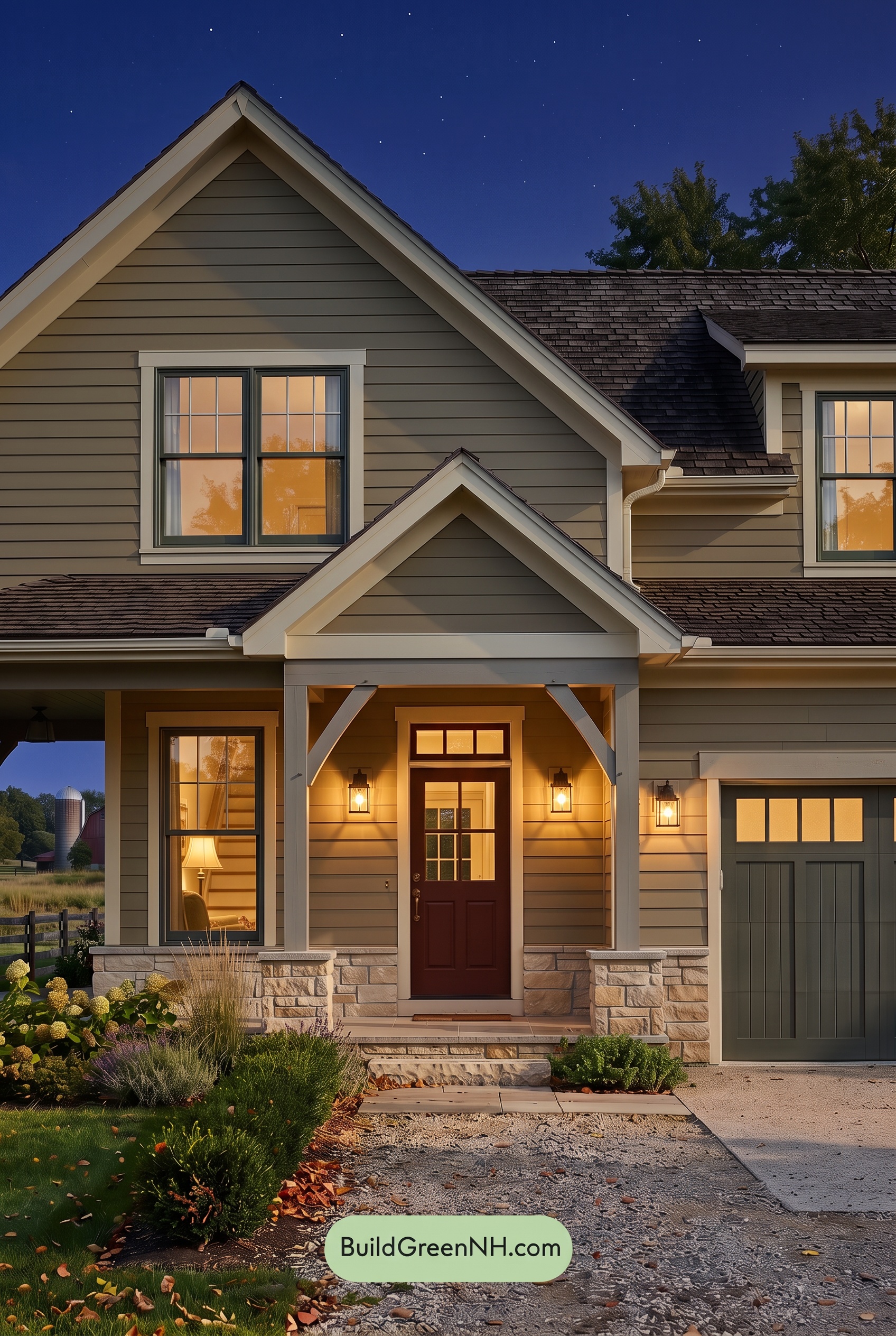 Modern Yellow House Exterior Color Scheme: Golden Moss Gable - Nighttime