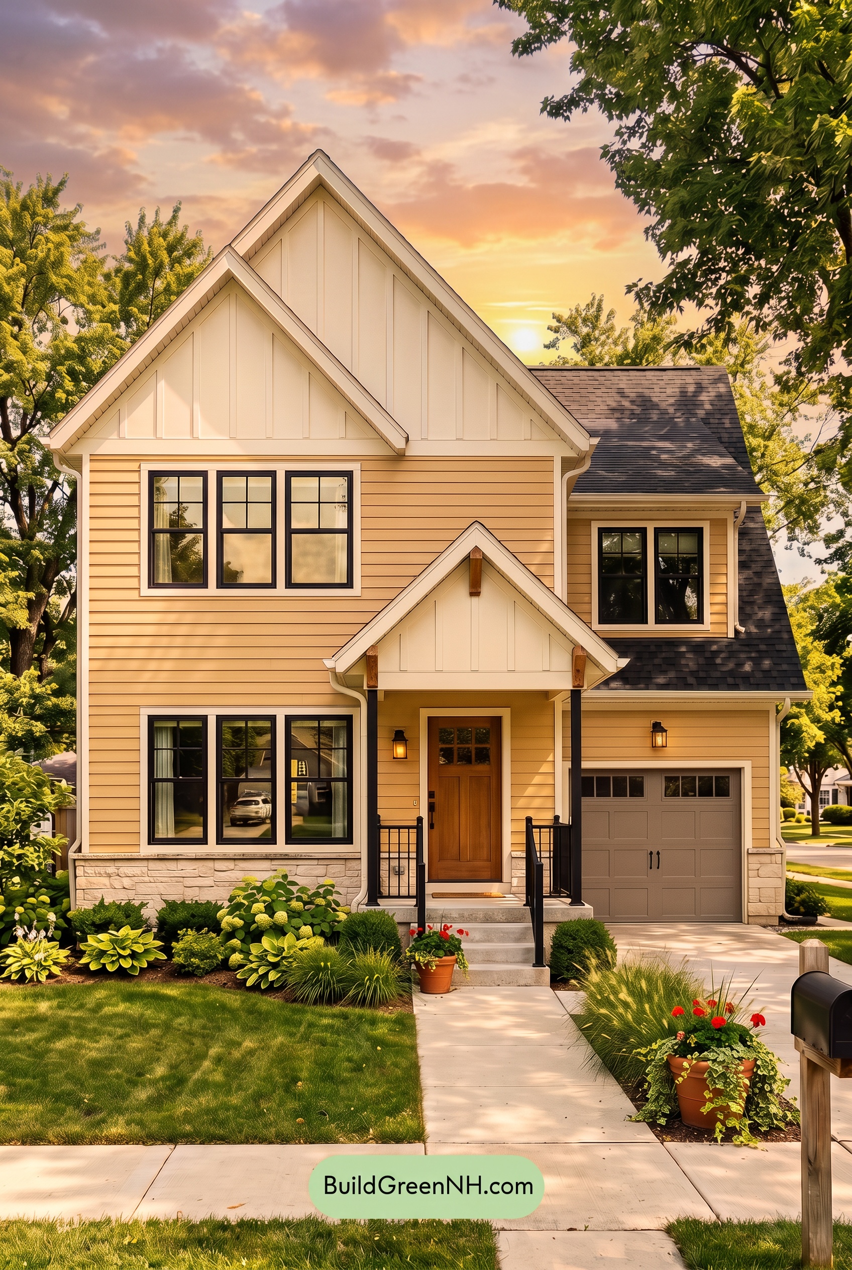 Modern Yellow House Exterior Color Scheme: Honey Slate Haven - Golden Hour