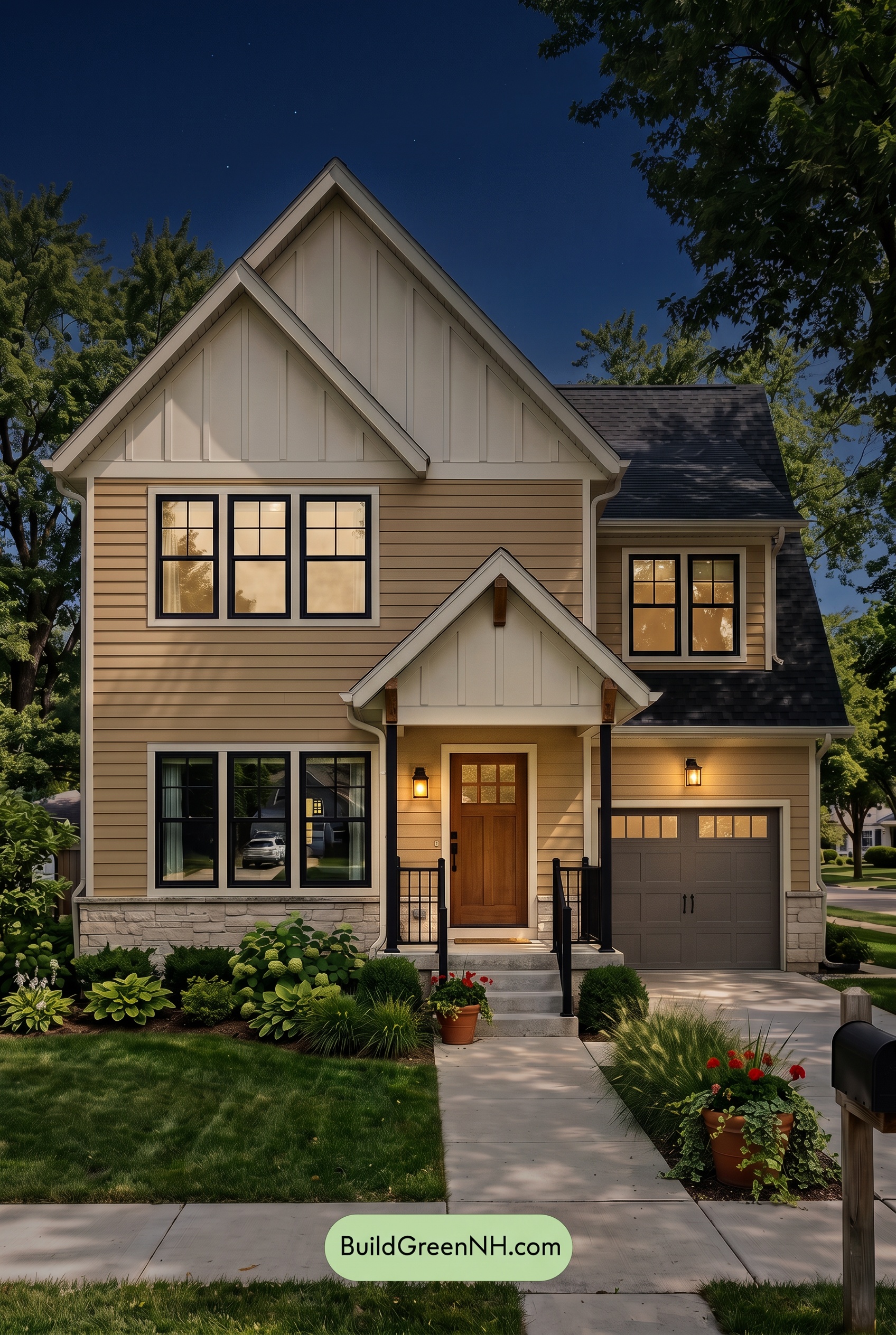 Modern Yellow House Exterior Color Scheme: Honey Slate Haven - Nighttime