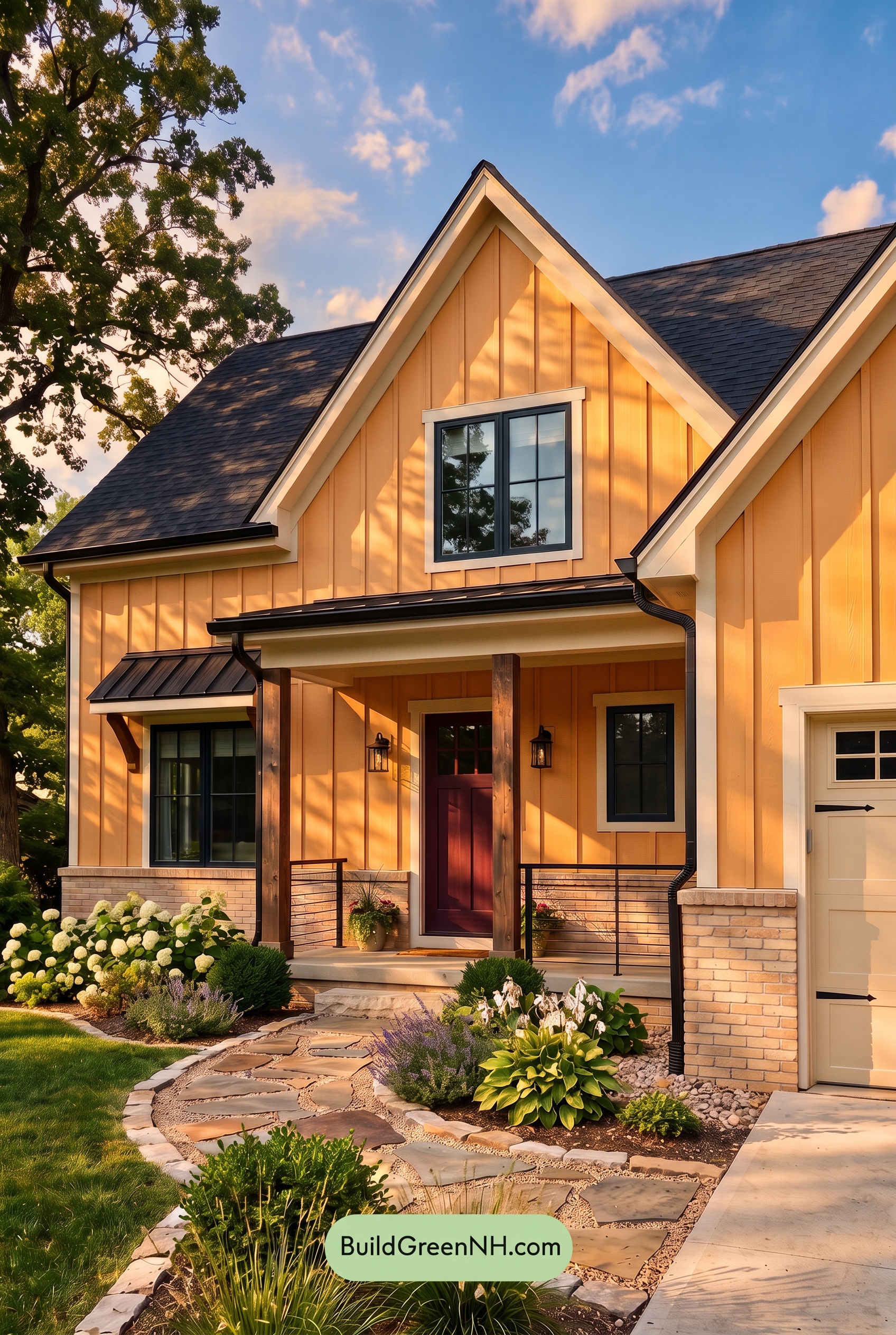 Modern Yellow House Exterior Color Scheme: Marigold Coal Entry - Golden Hour