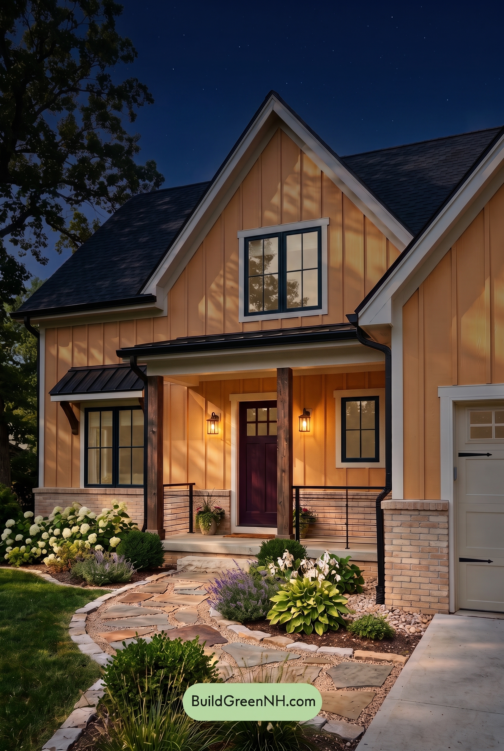 Modern Yellow House Exterior Color Scheme: Marigold Coal Entry - Nighttime