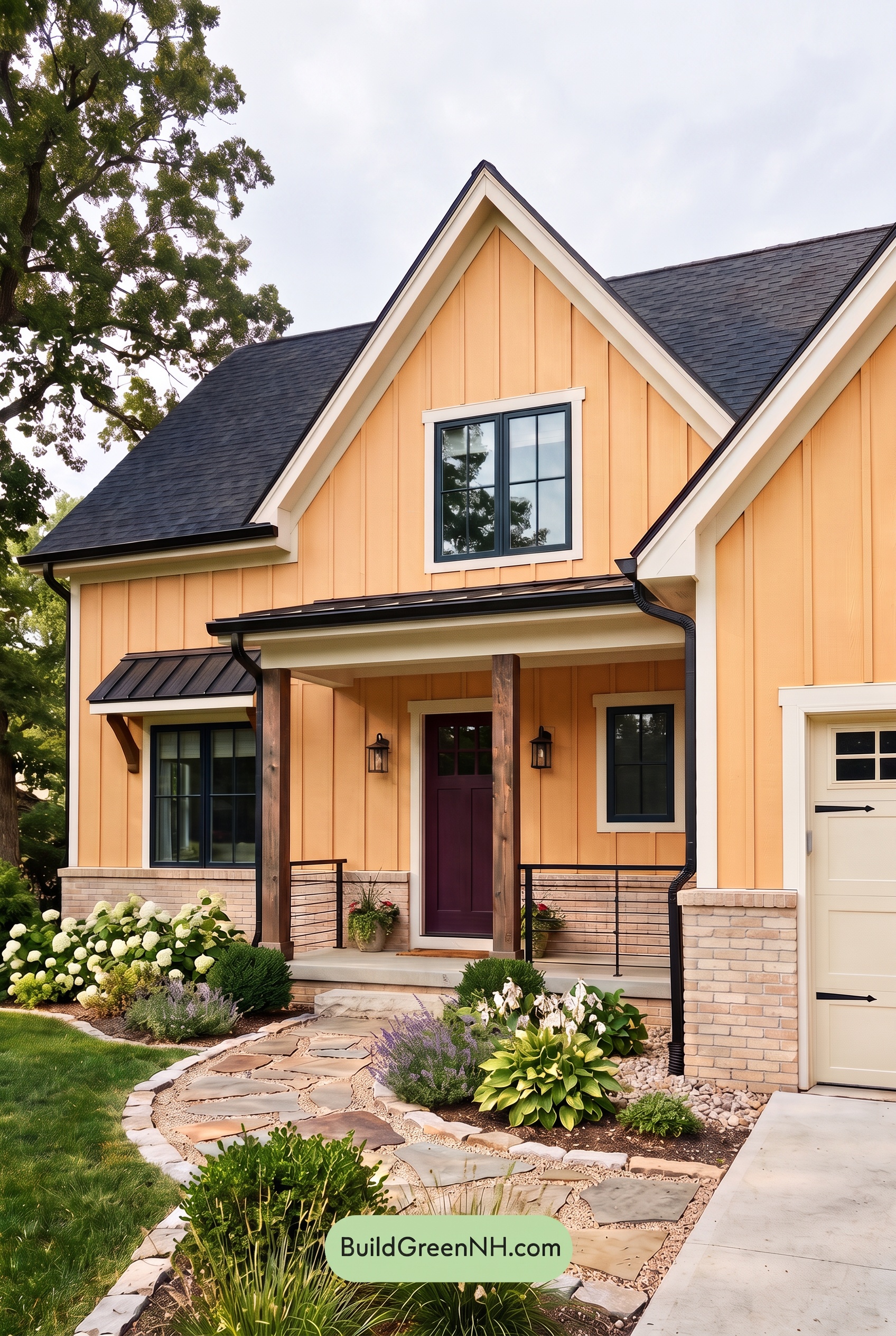 Modern Yellow House Exterior Color Scheme: Marigold Coal Entry - Overcast